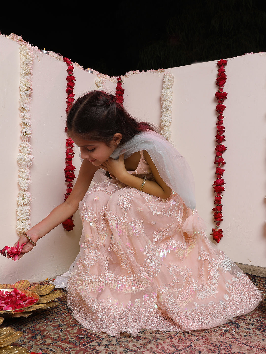 VASTRAMAY Girls' Peach Embroidered Sequins Net Long Anarkali Dress With Dupatta - qivii