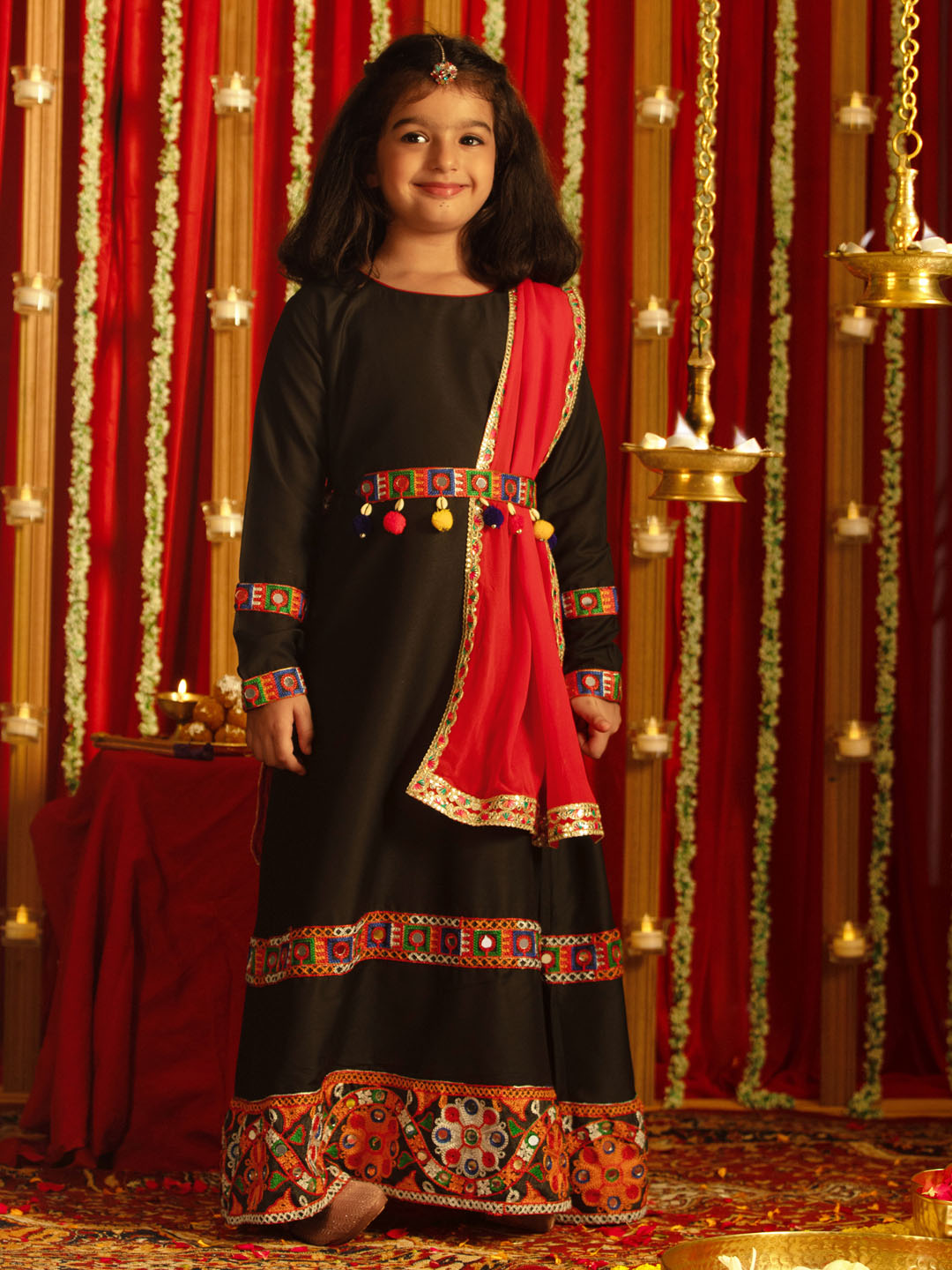 VASTRAMAY Girls' Navratri Special Black Anarkali Kurta With Red Dupatta Set - qivii