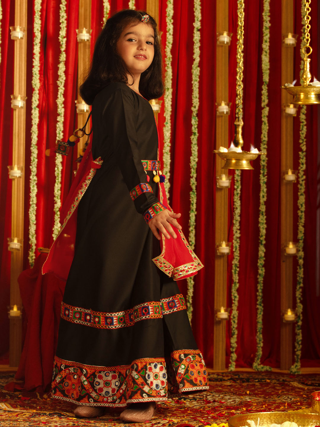 VASTRAMAY Girls' Navratri Special Black Anarkali Kurta With Red Dupatta Set - qivii