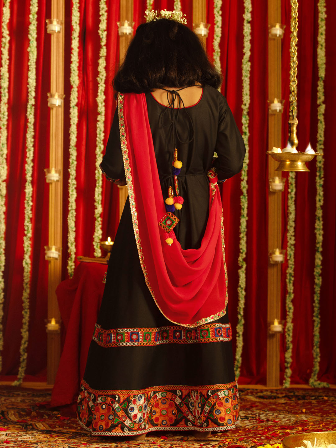 VASTRAMAY Girls' Navratri Special Black Anarkali Kurta With Red Dupatta Set - qivii