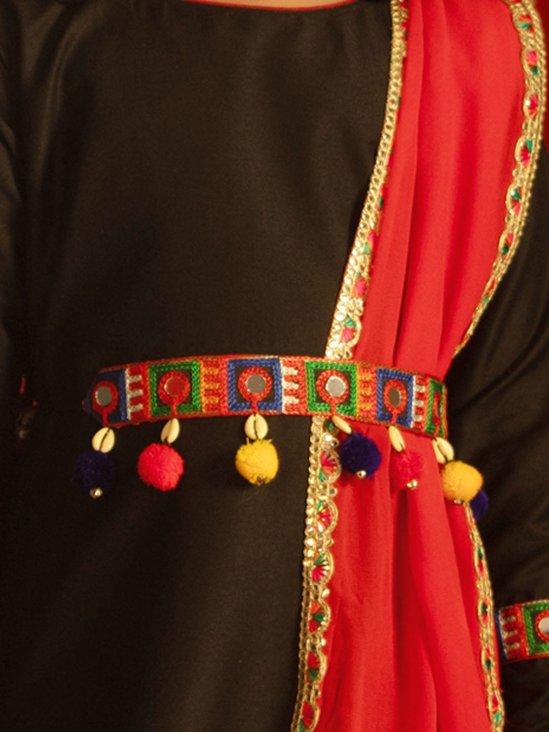 VASTRAMAY Girls' Navratri Special Black Anarkali Kurta With Red Dupatta Set - qivii