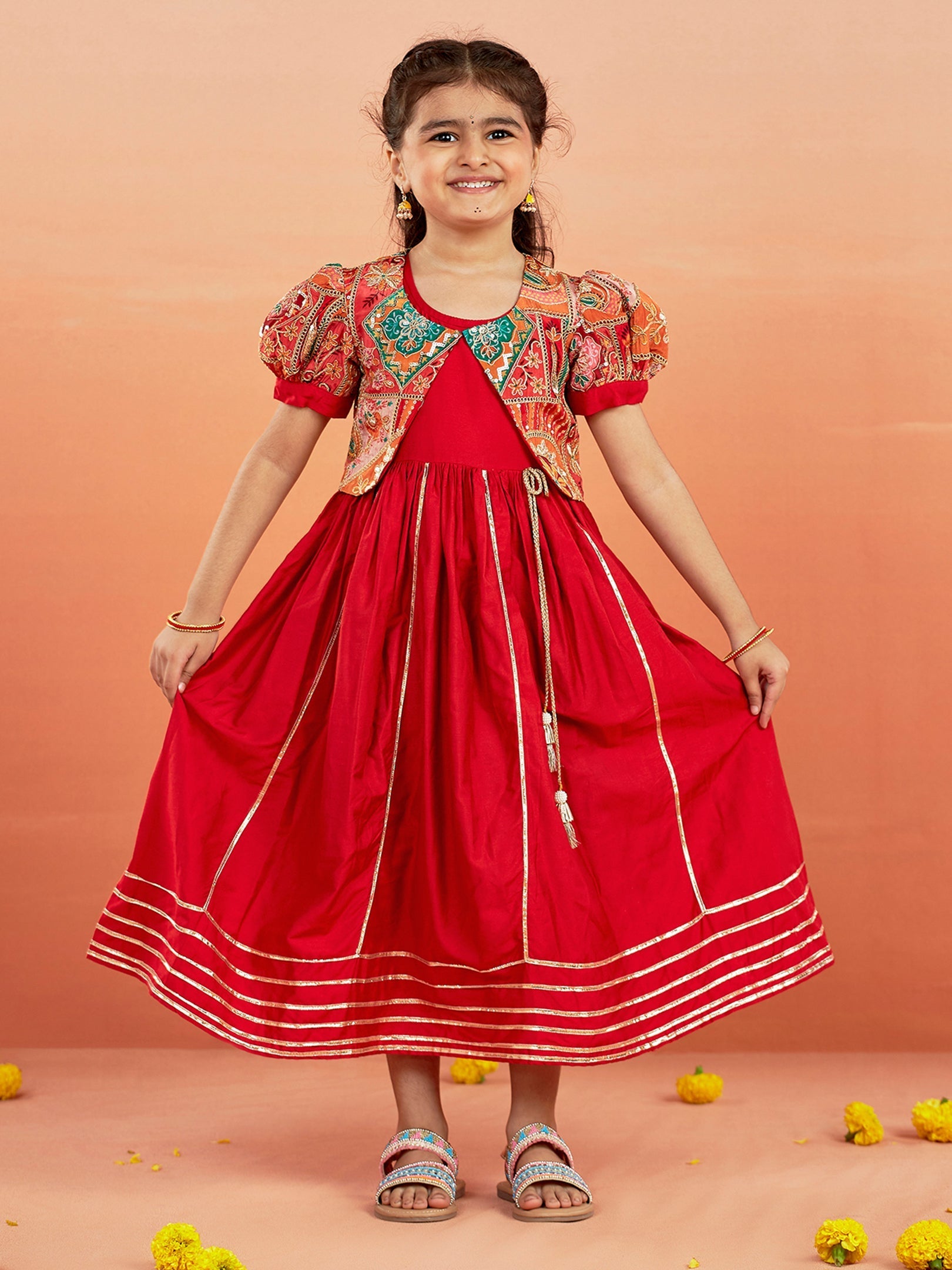 VASTRAMAY Girls' Red Anarkali Set - qivii