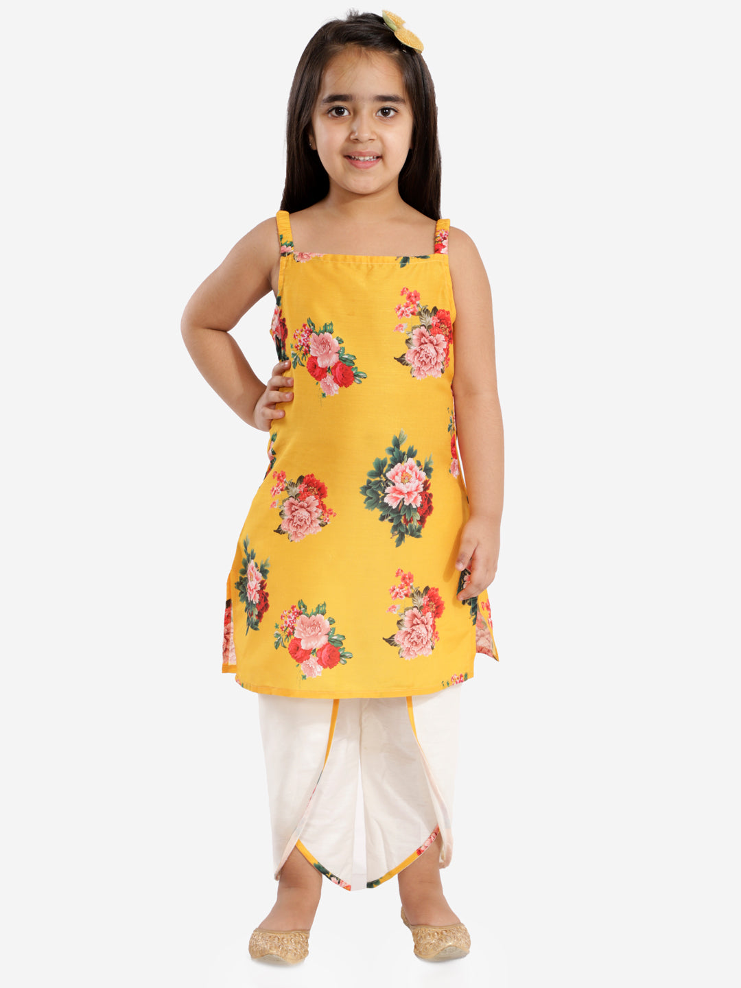 Girls' Floral Printed Cotton Silk Kurta And Tulip Pants - qivii