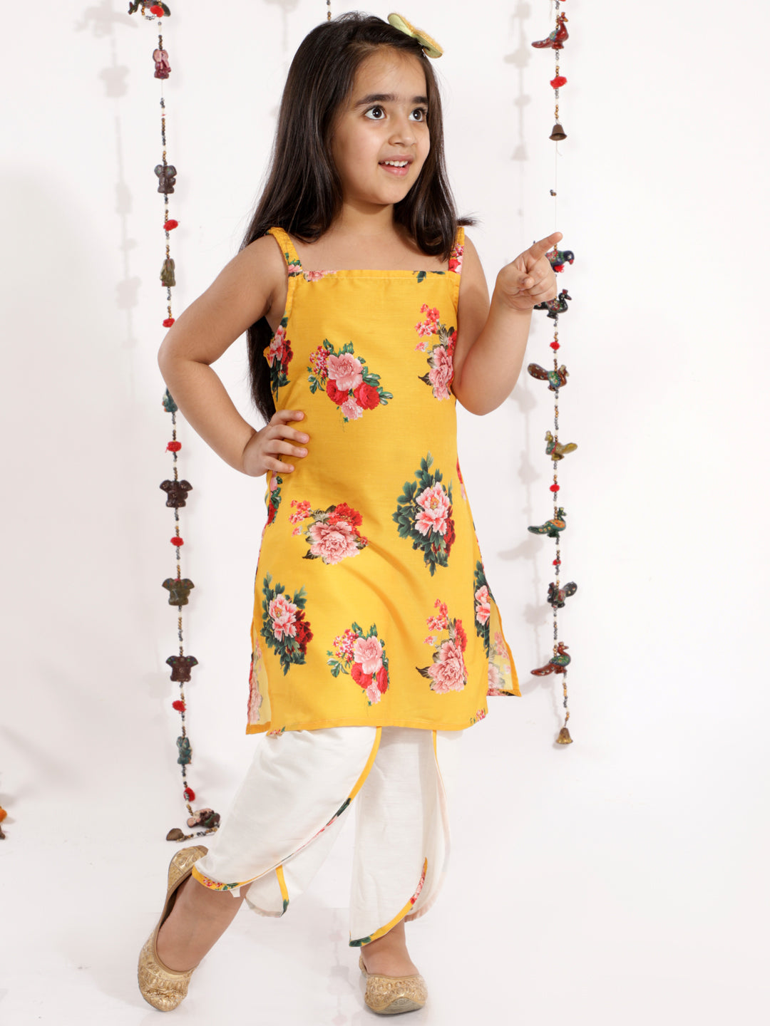 Girls' Floral Printed Cotton Silk Kurta And Tulip Pants - qivii
