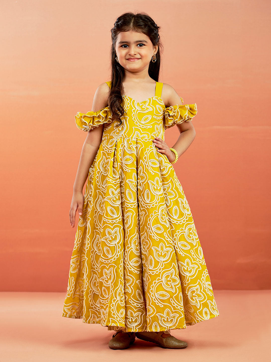 VASTRAMAY Girls' Mustard Georgette Floral Embroidered Gown For Girls. - qivii