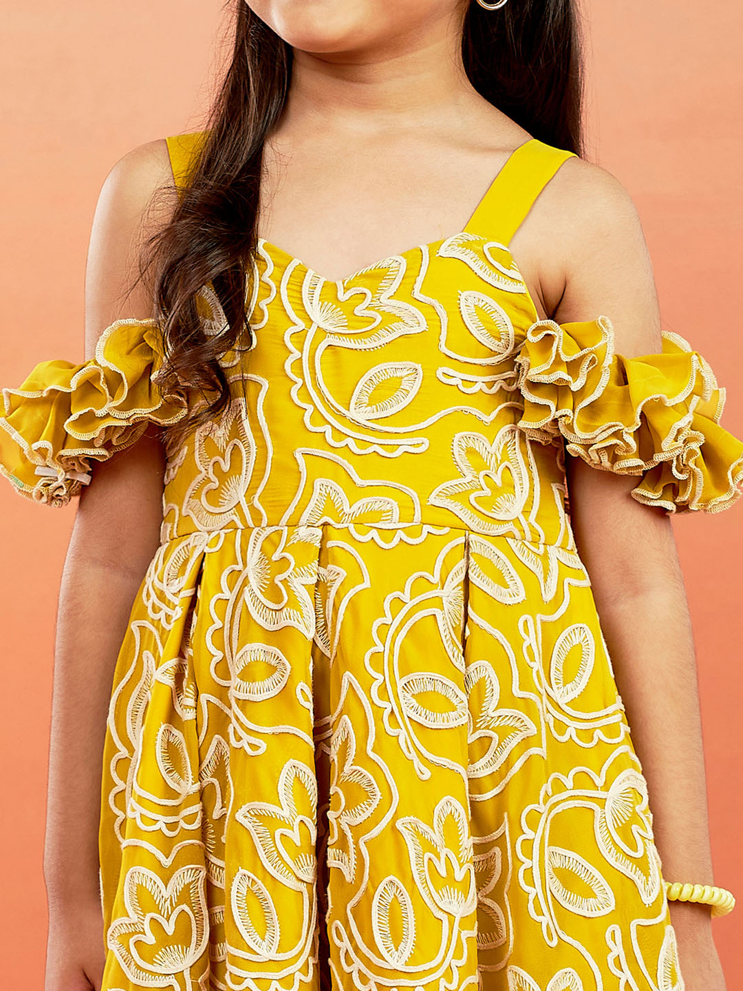 VASTRAMAY Girls' Mustard Georgette Floral Embroidered Gown For Girls. - qivii
