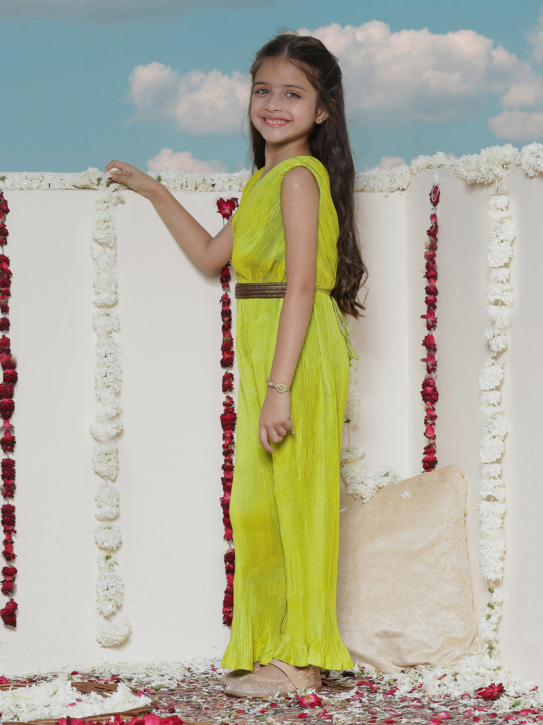 VASTRAMAY Girls' Green Pleated Jump Suit - qivii