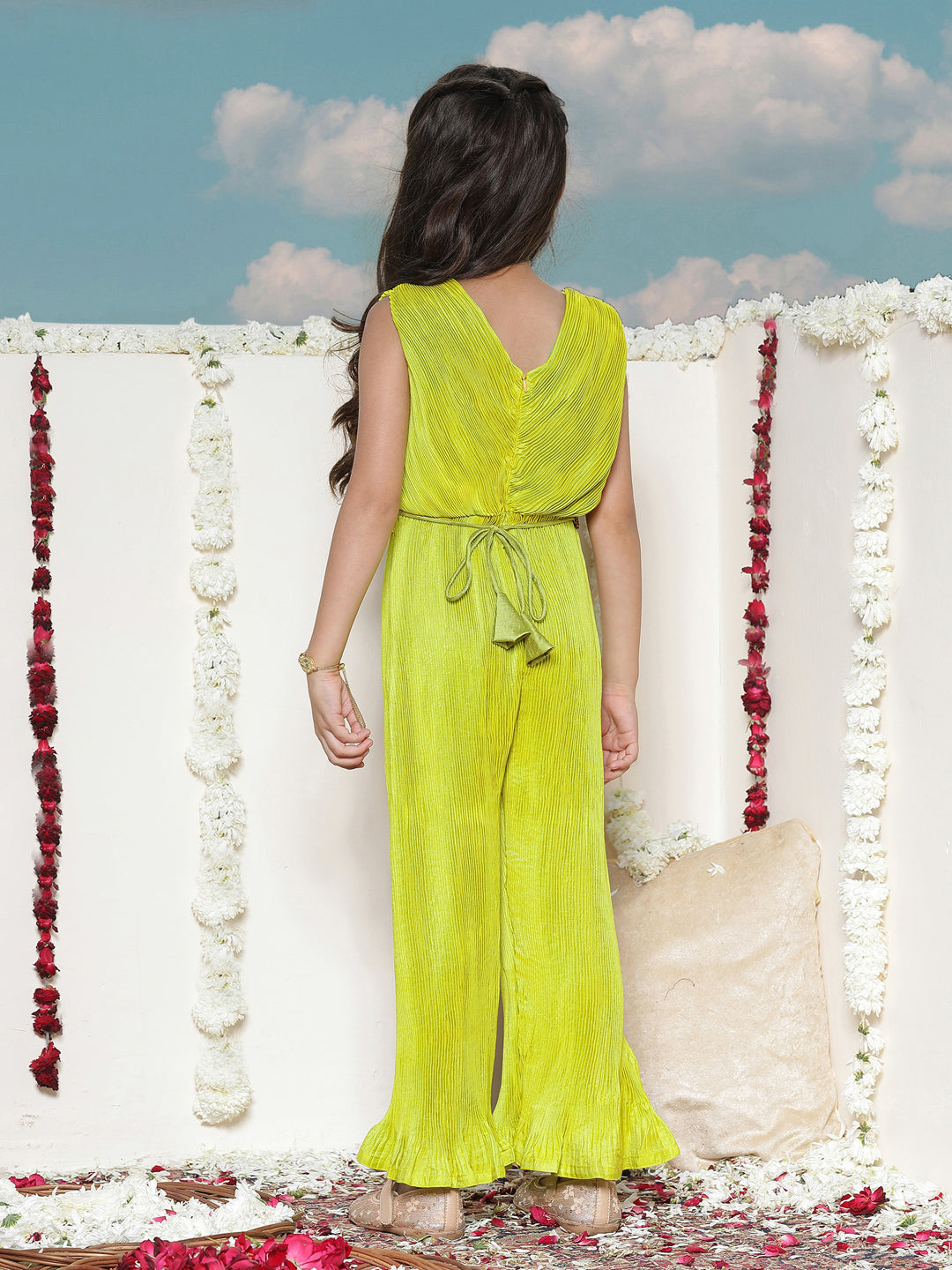 VASTRAMAY Girls' Green Pleated Jump Suit - qivii