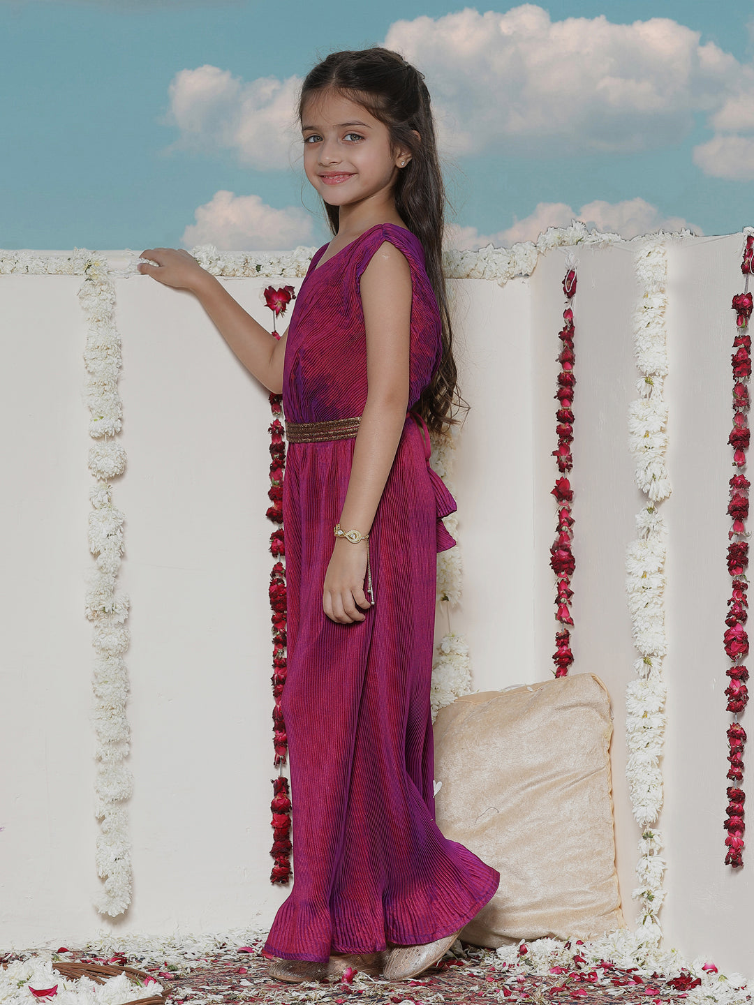 VASTRAMAY Girls' Purple Pleated Jump Suit - qivii