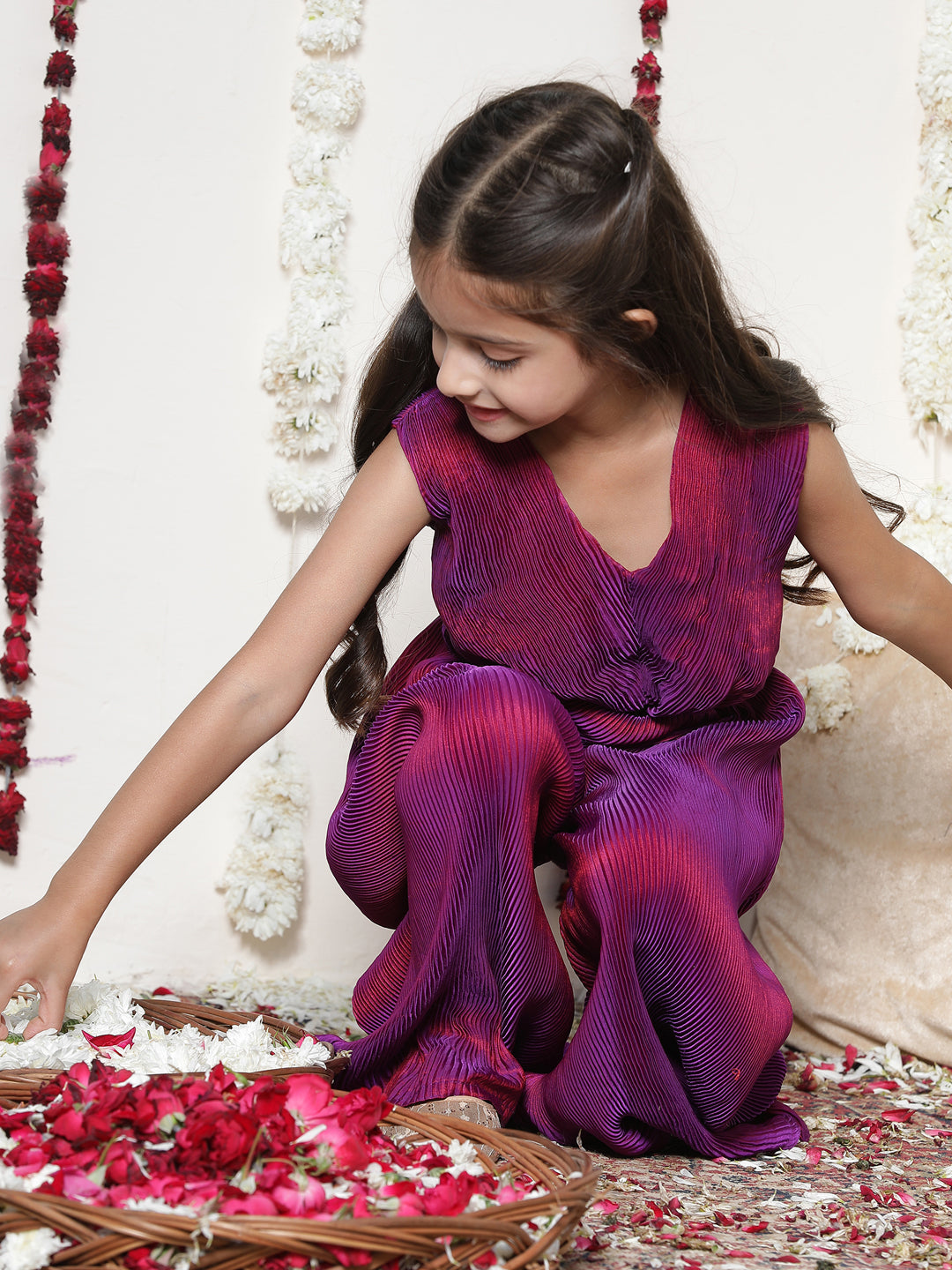 VASTRAMAY Girls' Purple Pleated Jump Suit - qivii