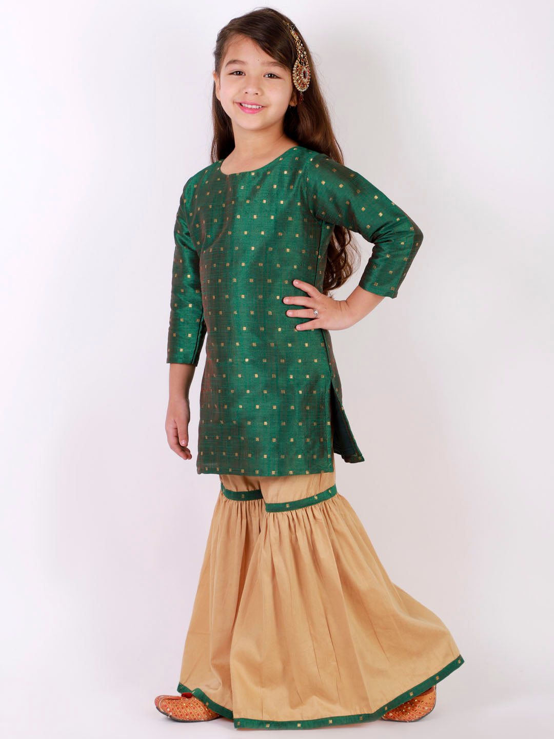 VASTRAMAY Girls' Green Zari Kurta And Rose Gold Sharara Set - qivii