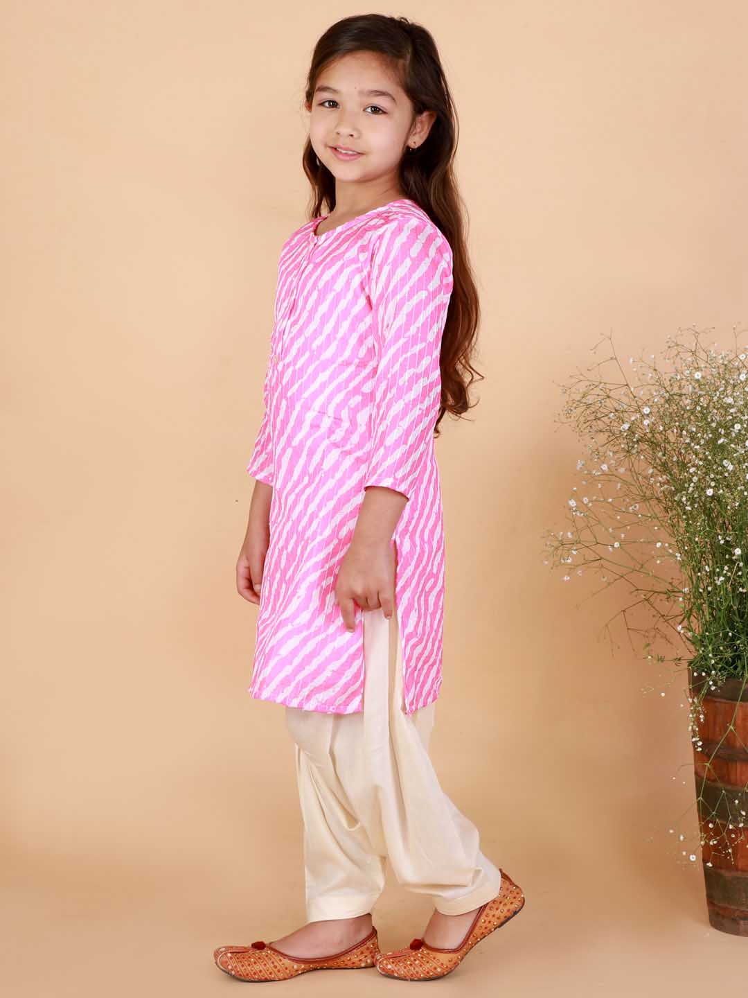VASTRAMAY Girls' Pink Printed Kurta & Cream Patiala Set - qivii