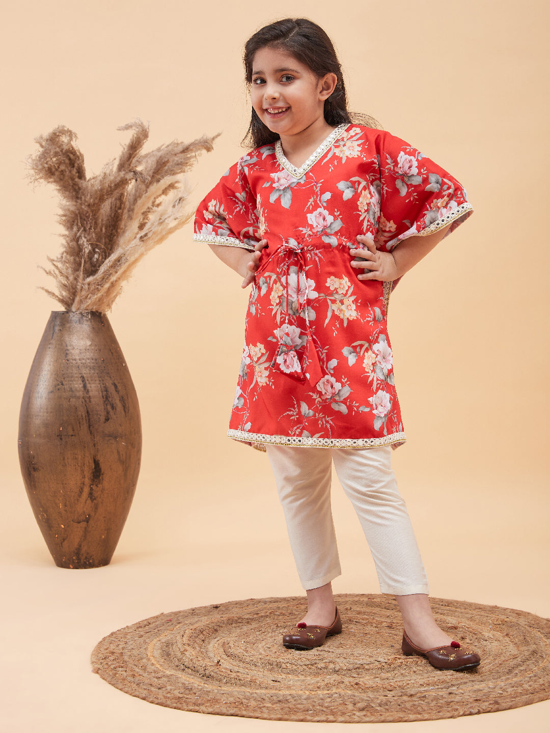 VASTRAMAY Girls Red Floral Printed Kaftan Kurta With Cream Pant Set - qivii