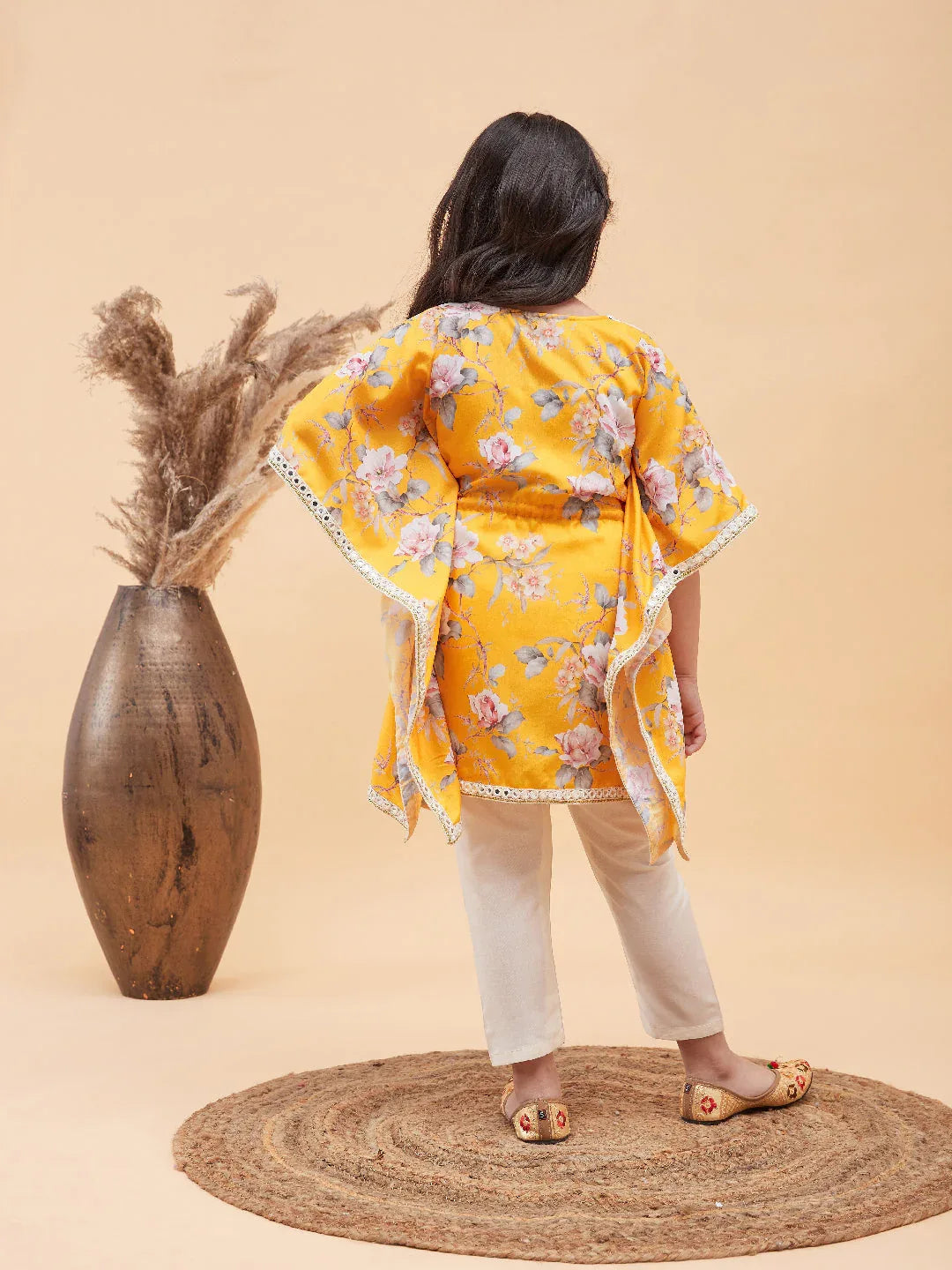 Girl's Yellow Floral Printed Kaftan Kurta With Cream Pant Set