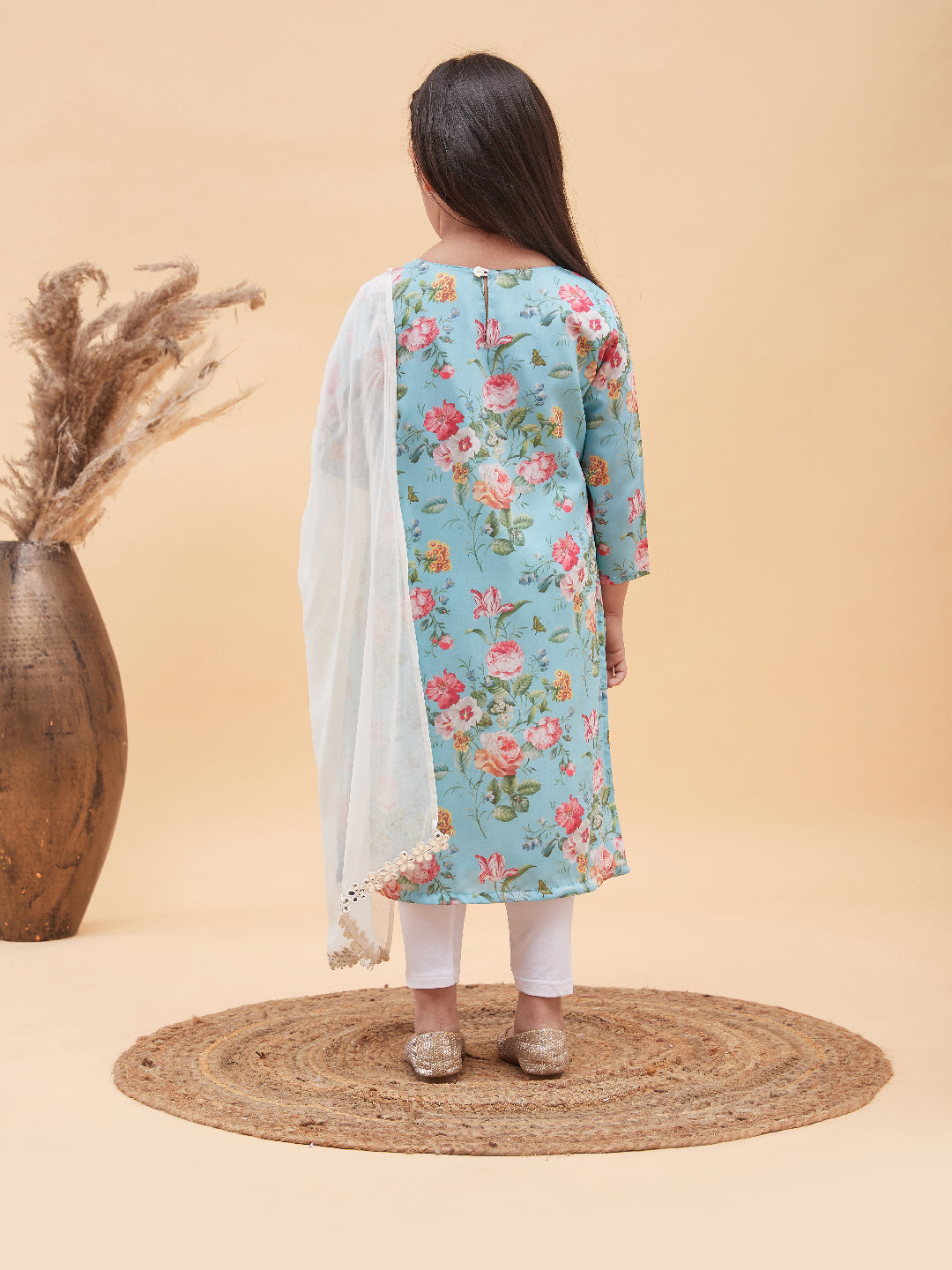 VASTRAMAY Girls Aqua Blue Floral Printed Kurta With Leggings And Dupatta Set - qivii