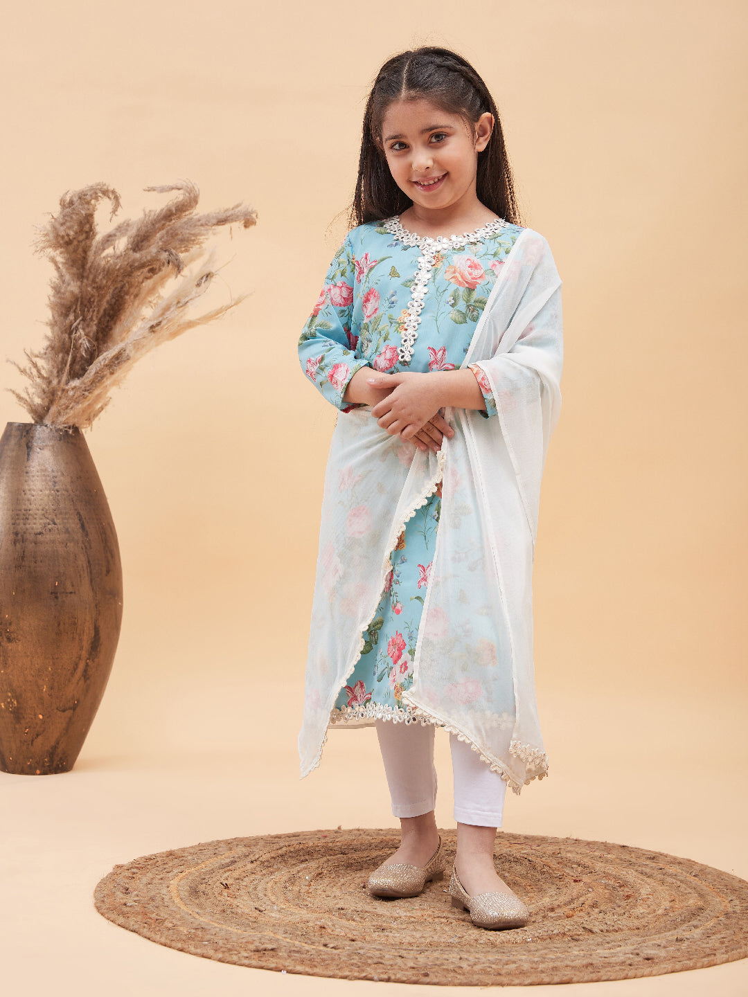 VASTRAMAY Girls Aqua Blue Floral Printed Kurta With Leggings And Dupatta Set - qivii