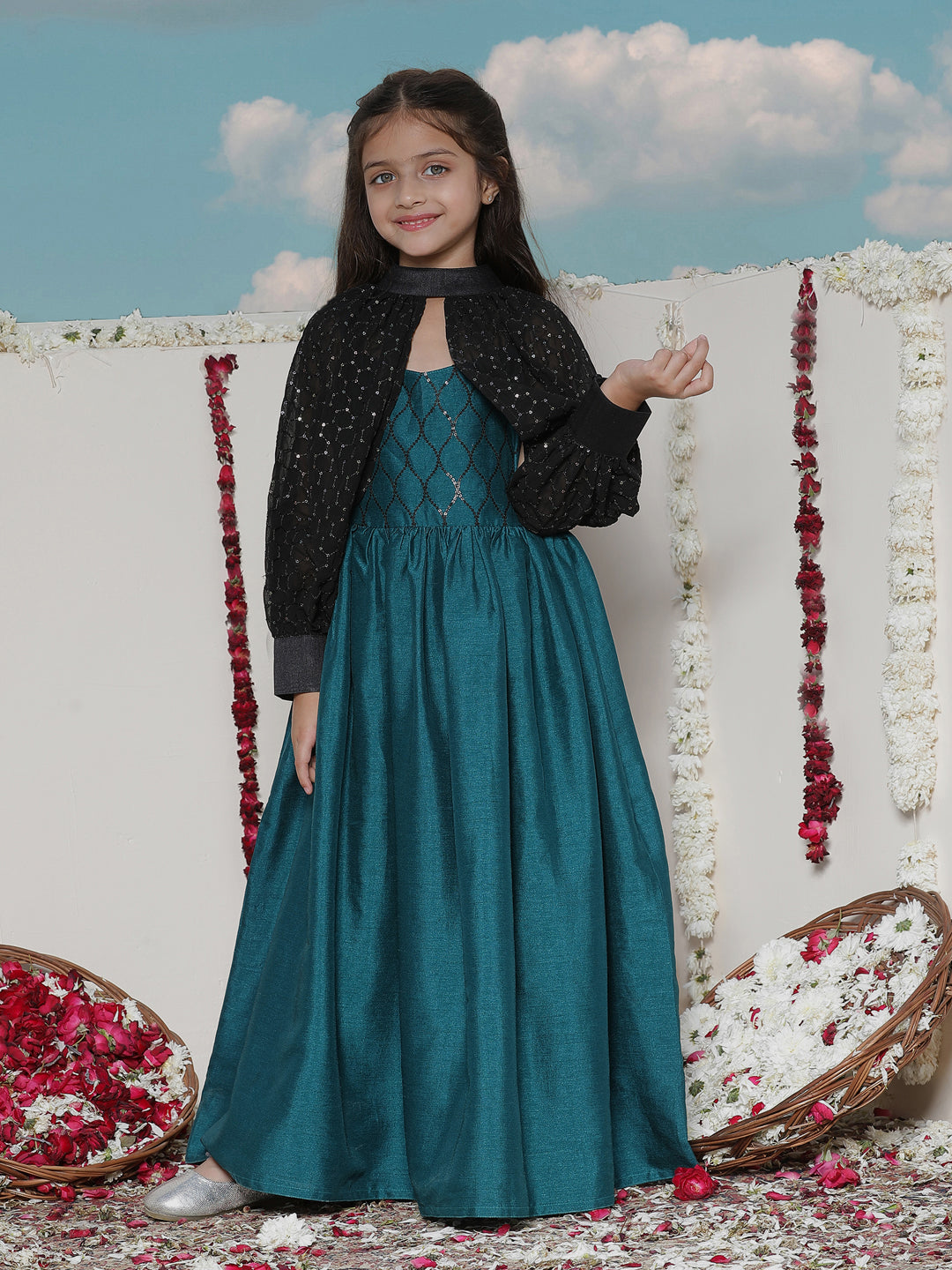 VASTRAMAY Girls' Green Sequinced Long dress With detachable Cuff Sleeves - qivii