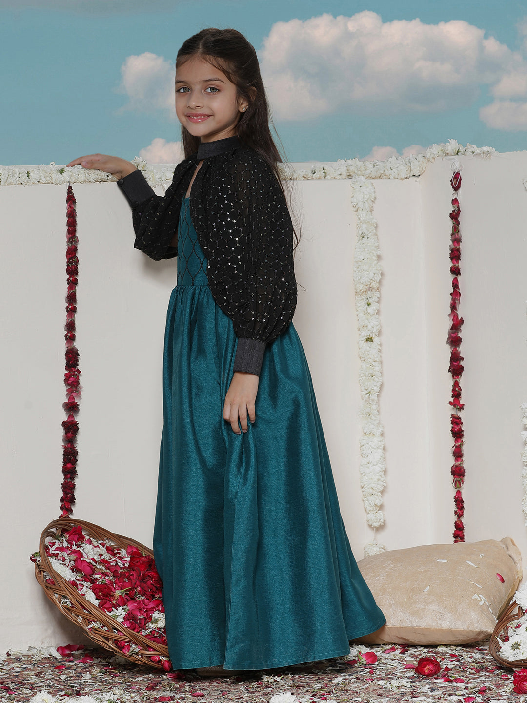 VASTRAMAY Girls' Green Sequinced Long dress With detachable Cuff Sleeves - qivii