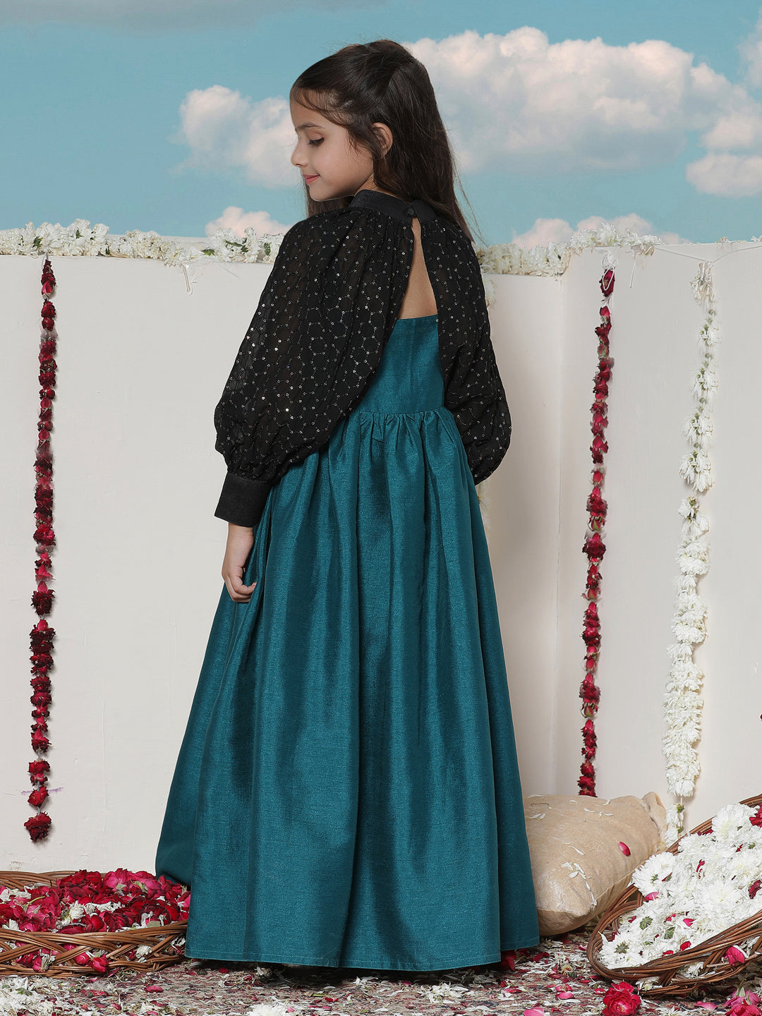 VASTRAMAY Girls' Green Sequinced Long dress With detachable Cuff Sleeves - qivii