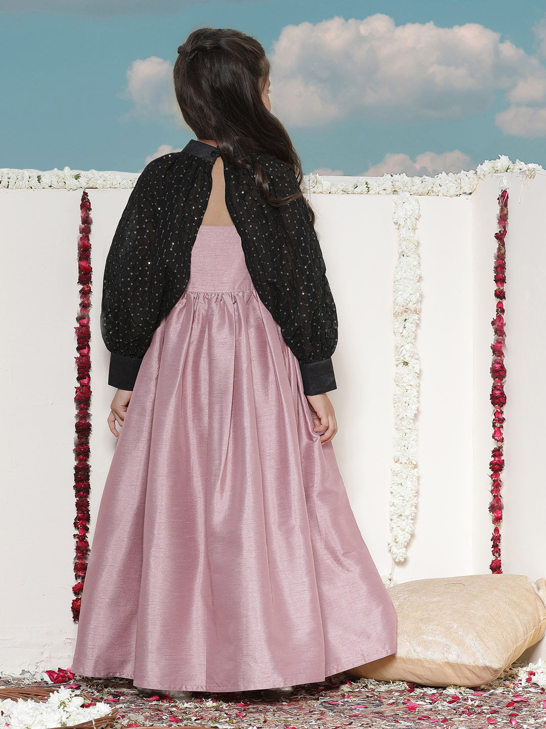 VASTRAMAY Girls' Pink Sequinced Long dress With detachable Cuff Sleeves - qivii