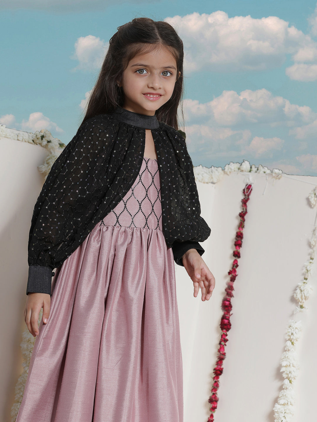 VASTRAMAY Girls' Pink Sequinced Long dress With detachable Cuff Sleeves - qivii