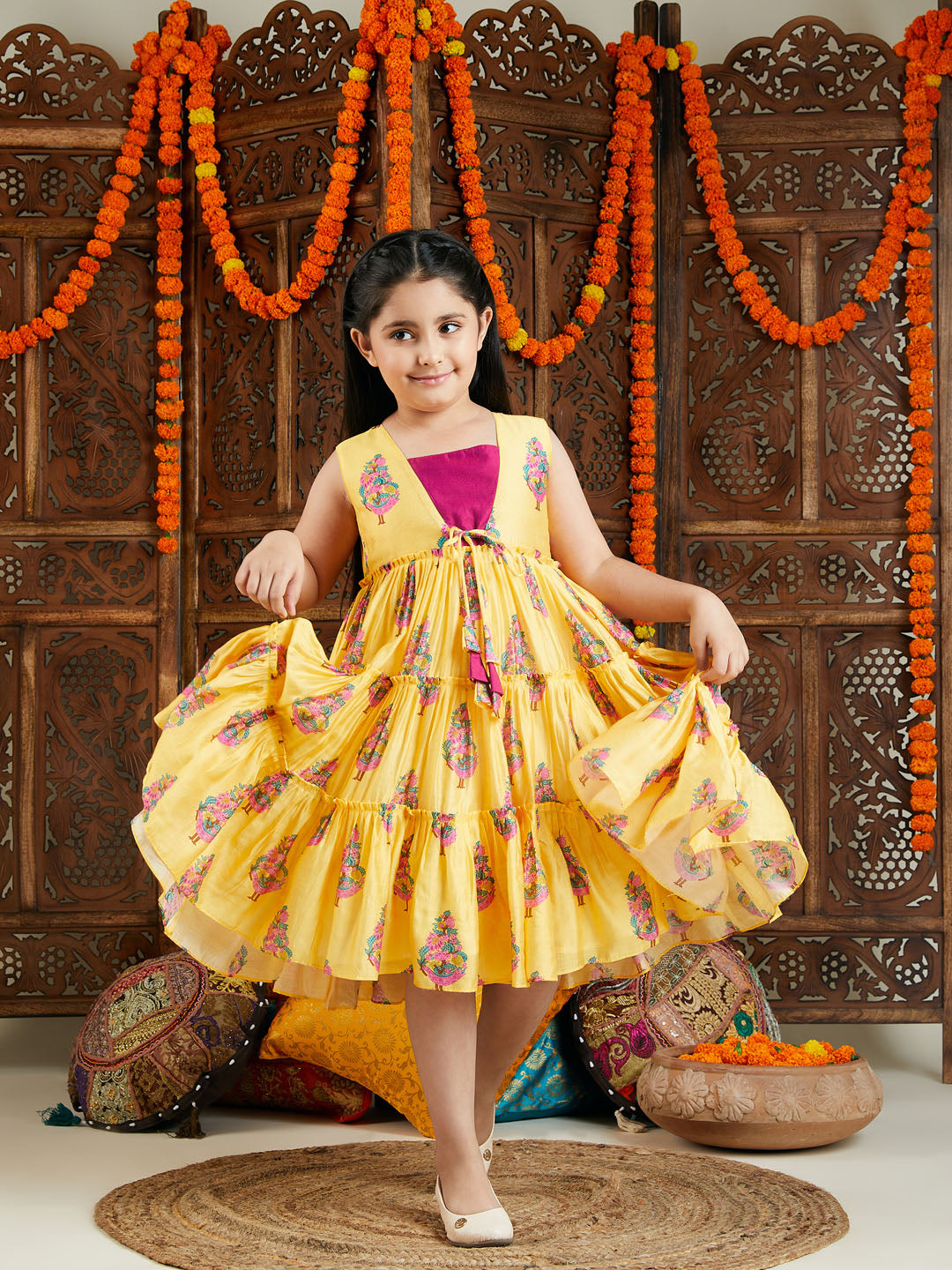 VASTRAMAY Girl's Yellow And Pink Ethnic Dress - qivii