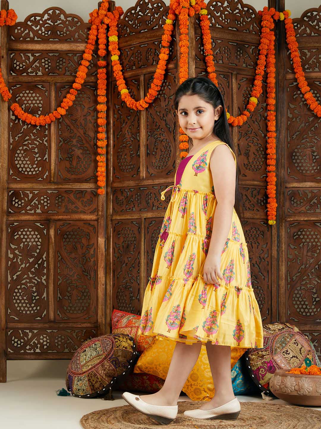 VASTRAMAY Girl's Yellow And Pink Ethnic Dress - qivii