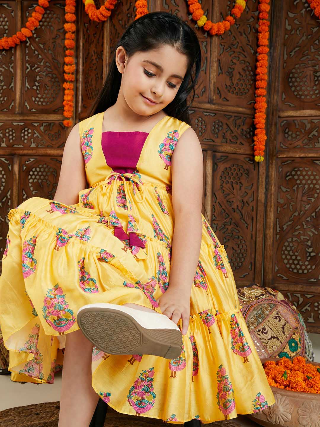 VASTRAMAY Girl's Yellow And Pink Ethnic Dress - qivii