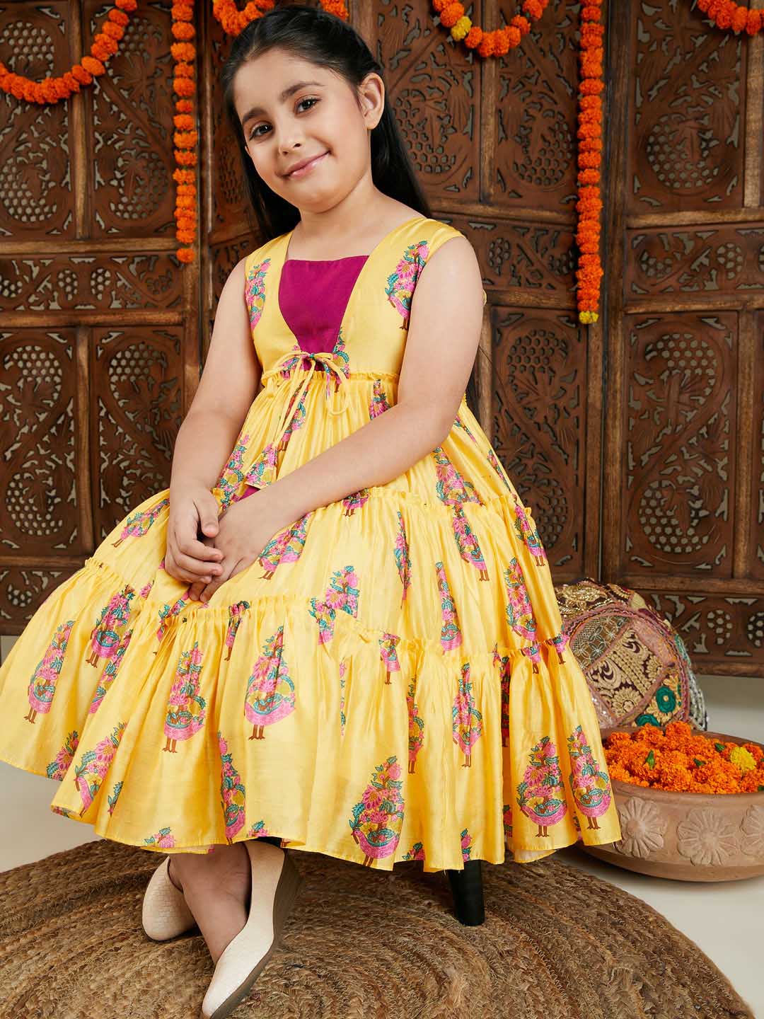 VASTRAMAY Girl's Yellow And Pink Ethnic Dress - qivii