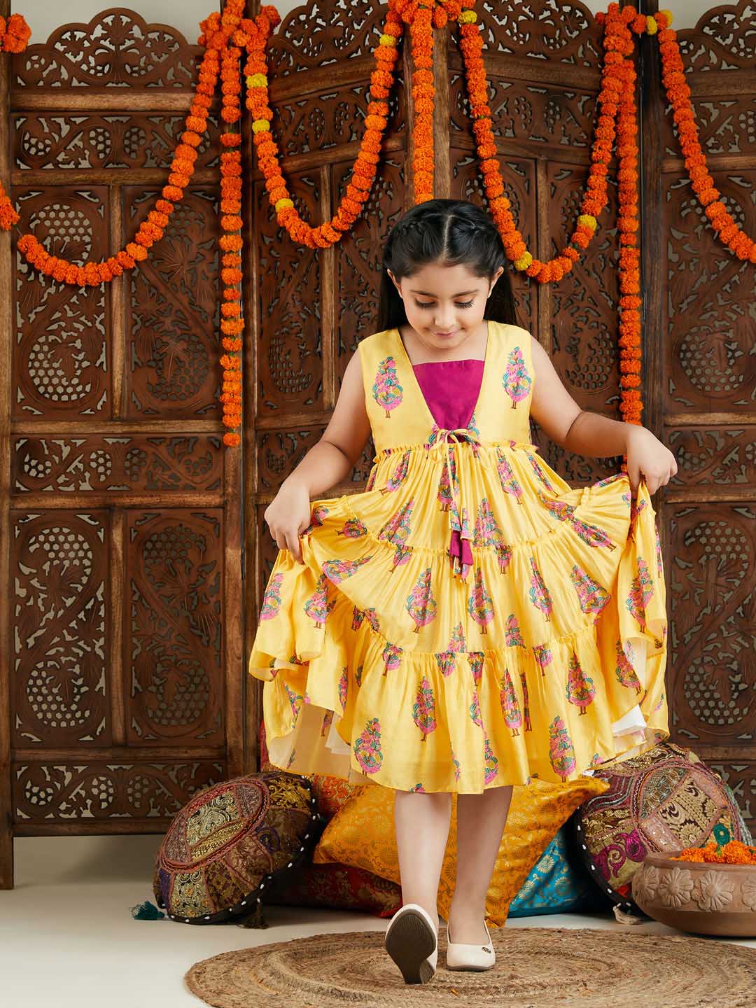 VASTRAMAY Girl's Yellow And Pink Ethnic Dress - qivii