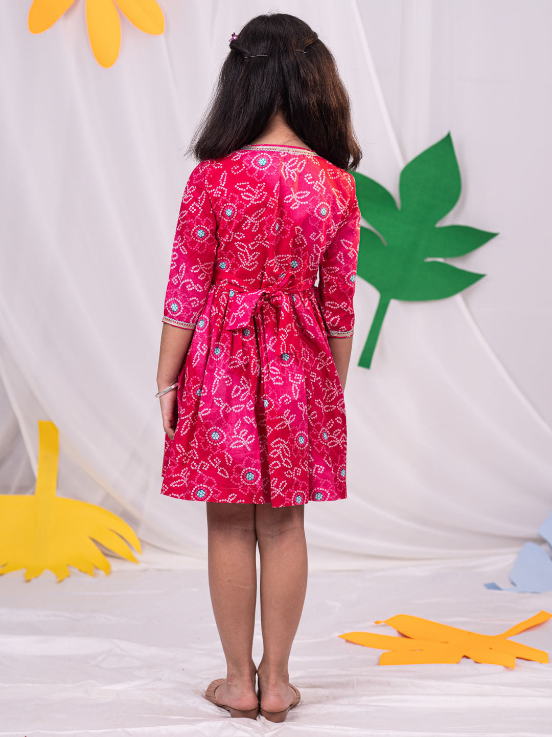 VASTRAMAY Girls' Pink Color Bandhnai Print Angrakha Style Dress - qivii