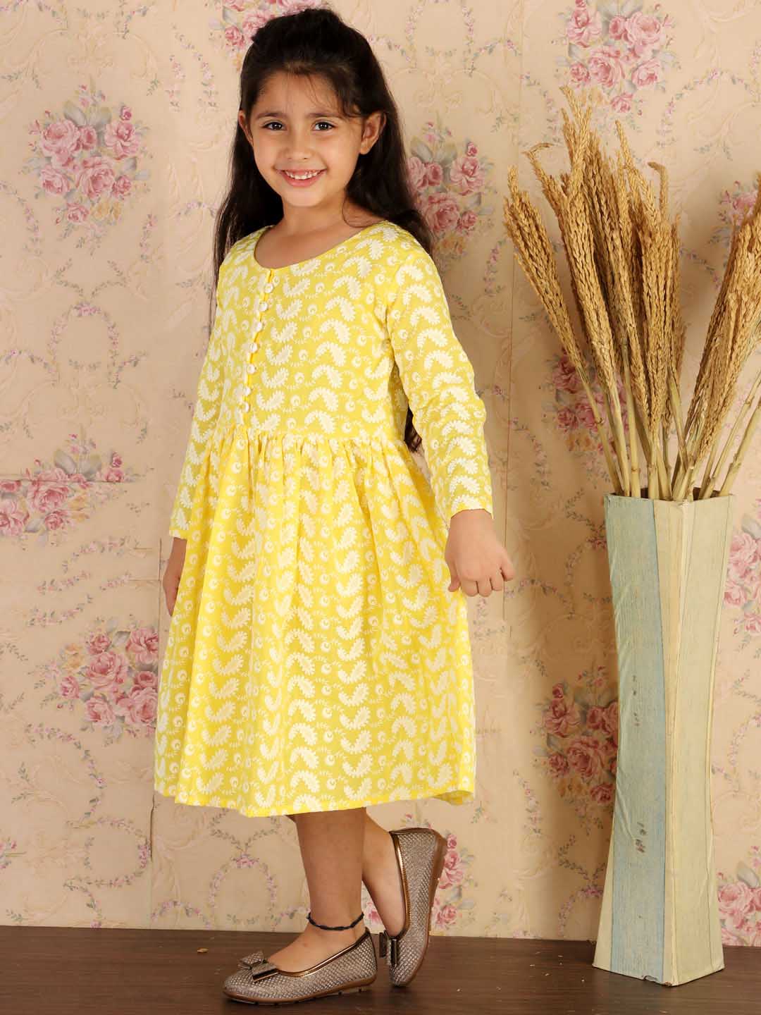 VASTRAMAY Girl's Mustard Pure Cotton Chikankari Kurta - qivii