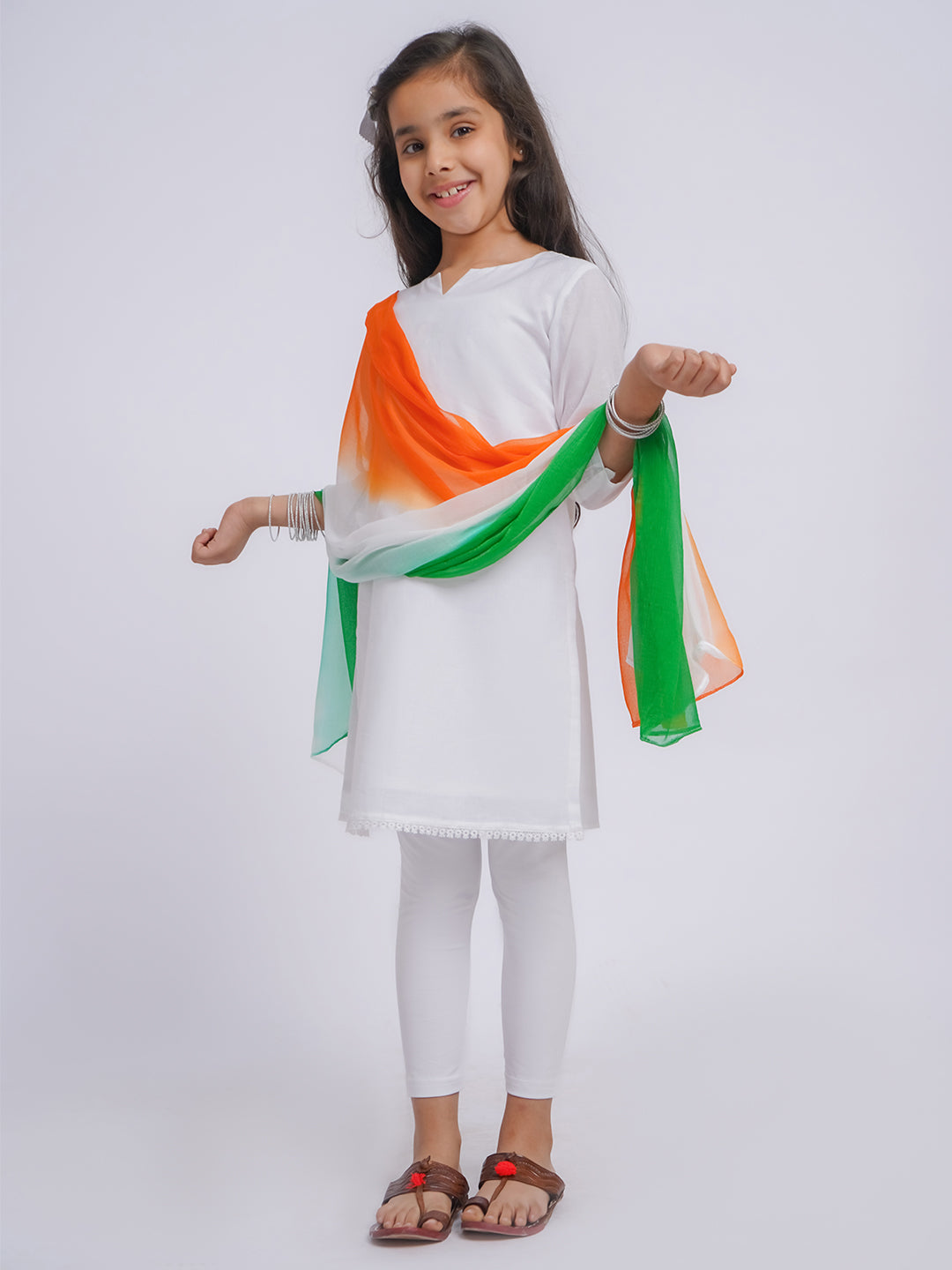 VASTRAMAY Girls' White Kurta, Leggings and Dupatta - qivii
