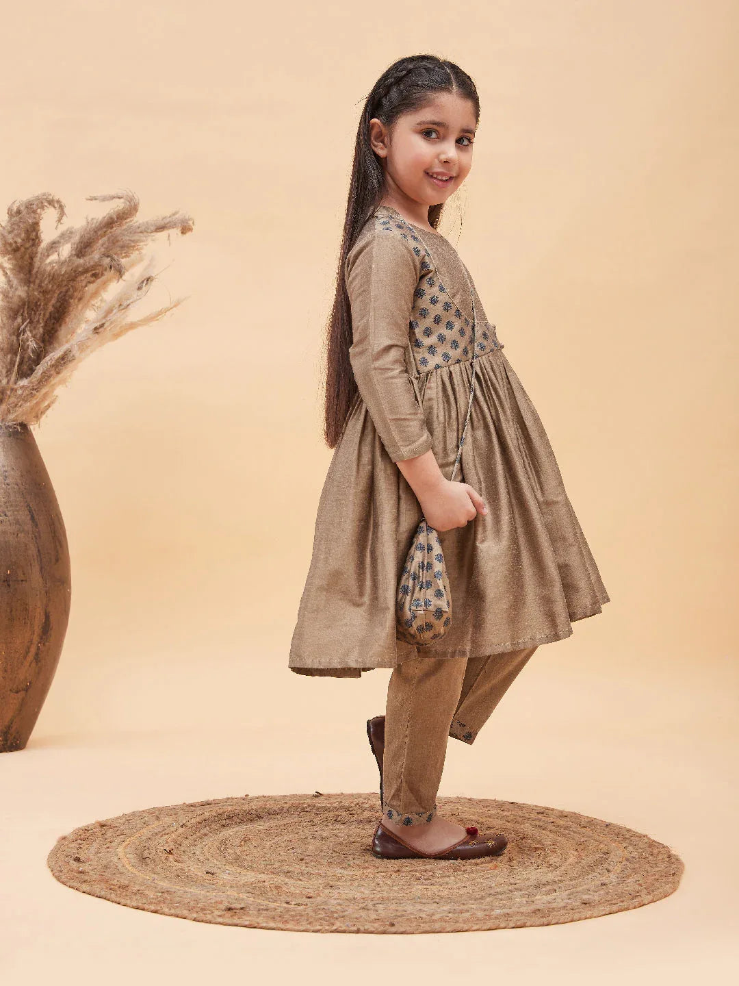 Girl's Brown Anarkali Kurta Pyjama Set With Potli Bag