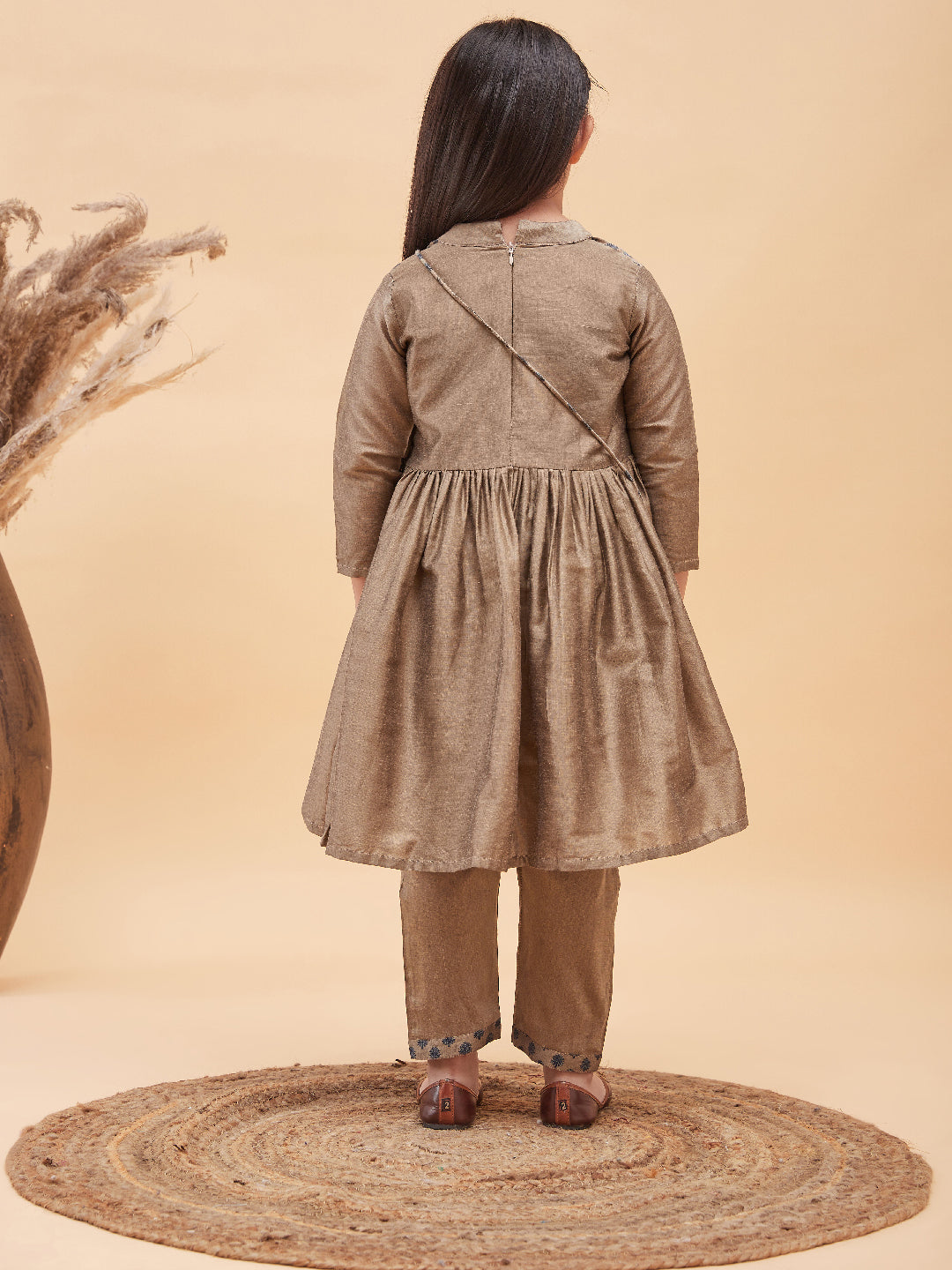 VASTRAMAY Girls Brown Anarkali Kurta Pyjama Set With Potli Bag - qivii