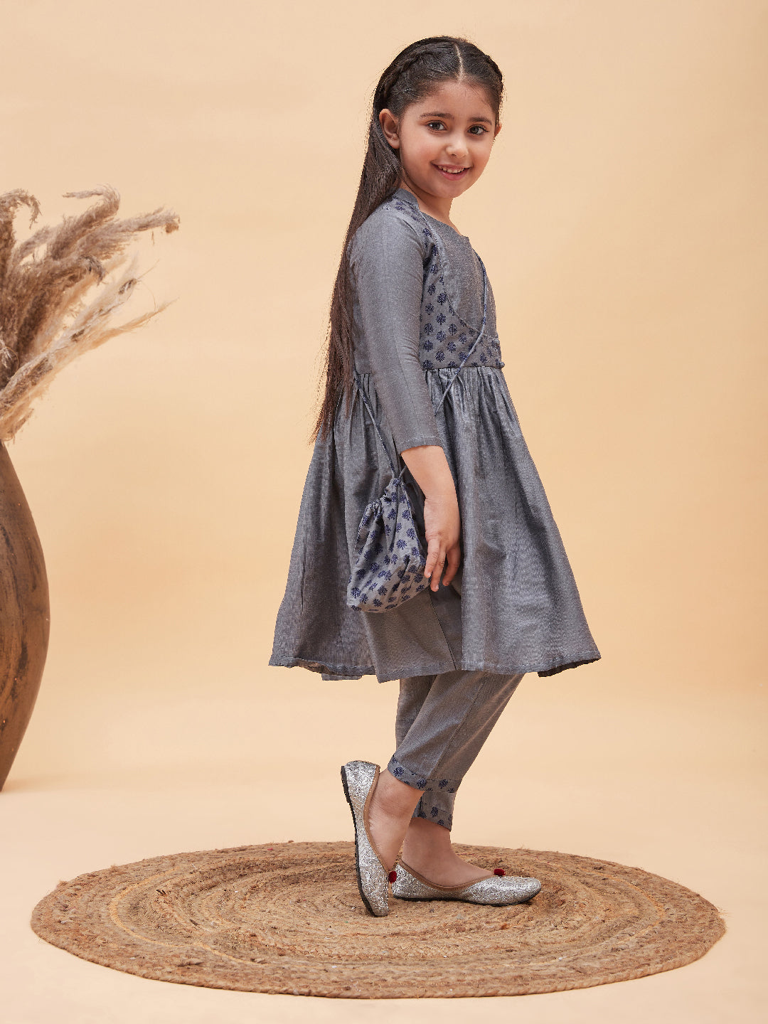 VASTRAMAY Girls Grey Anarkali Kurta Pyjama Set With Potli Bag - qivii