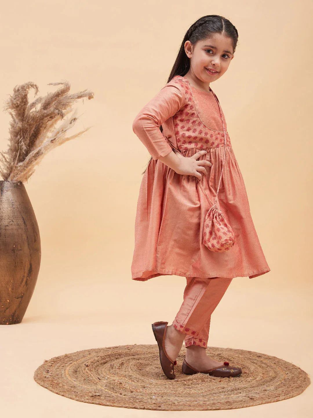 Girl's Pink Anarkali Kurta Pyjama Set With Potli Bag