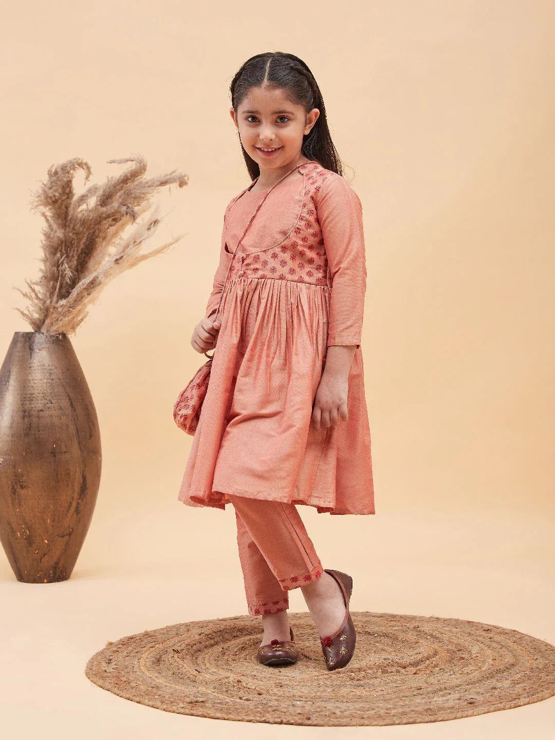 Girl's Pink Anarkali Kurta Pyjama Set With Potli Bag