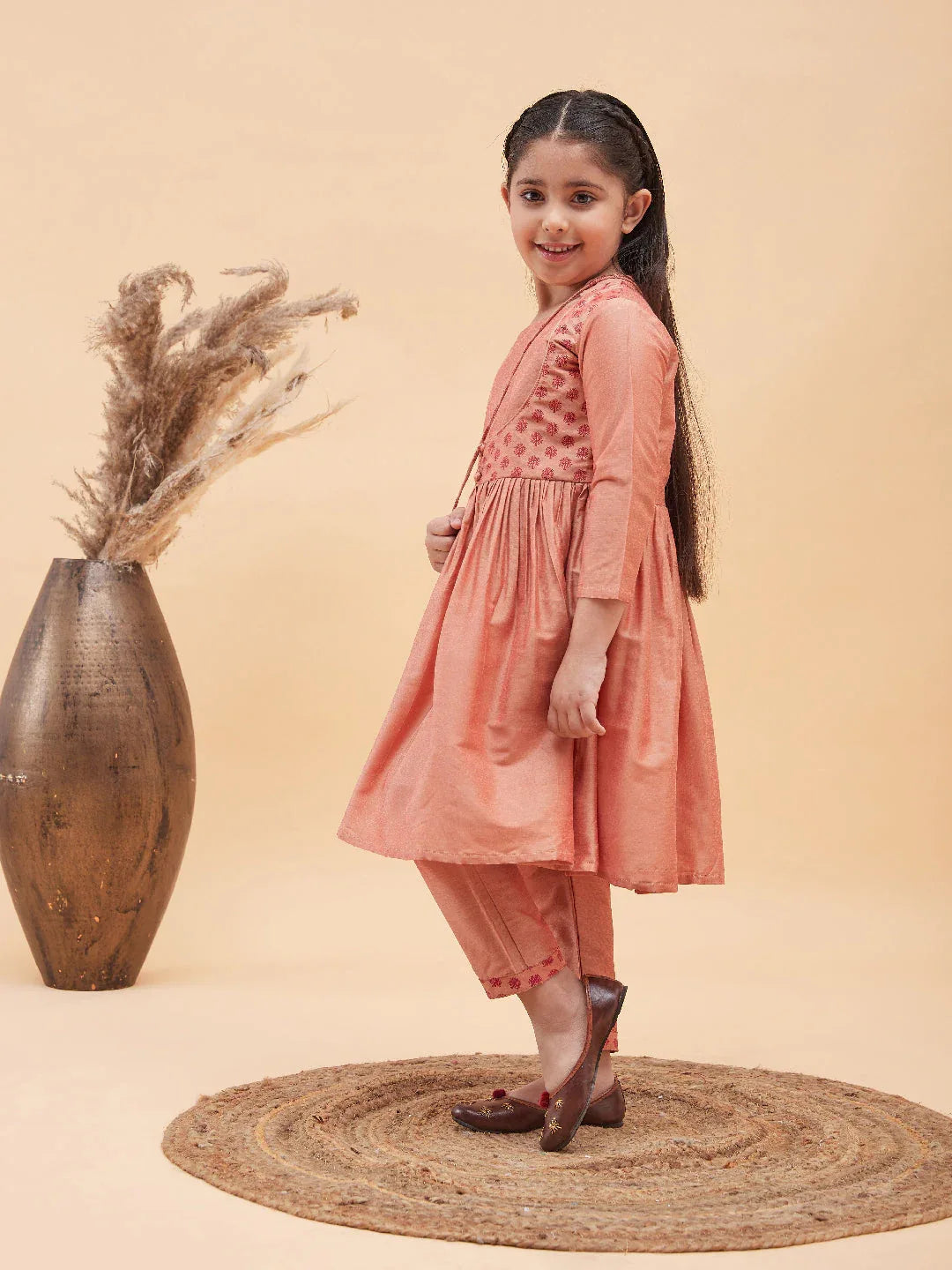 Girl's Pink Anarkali Kurta Pyjama Set With Potli Bag