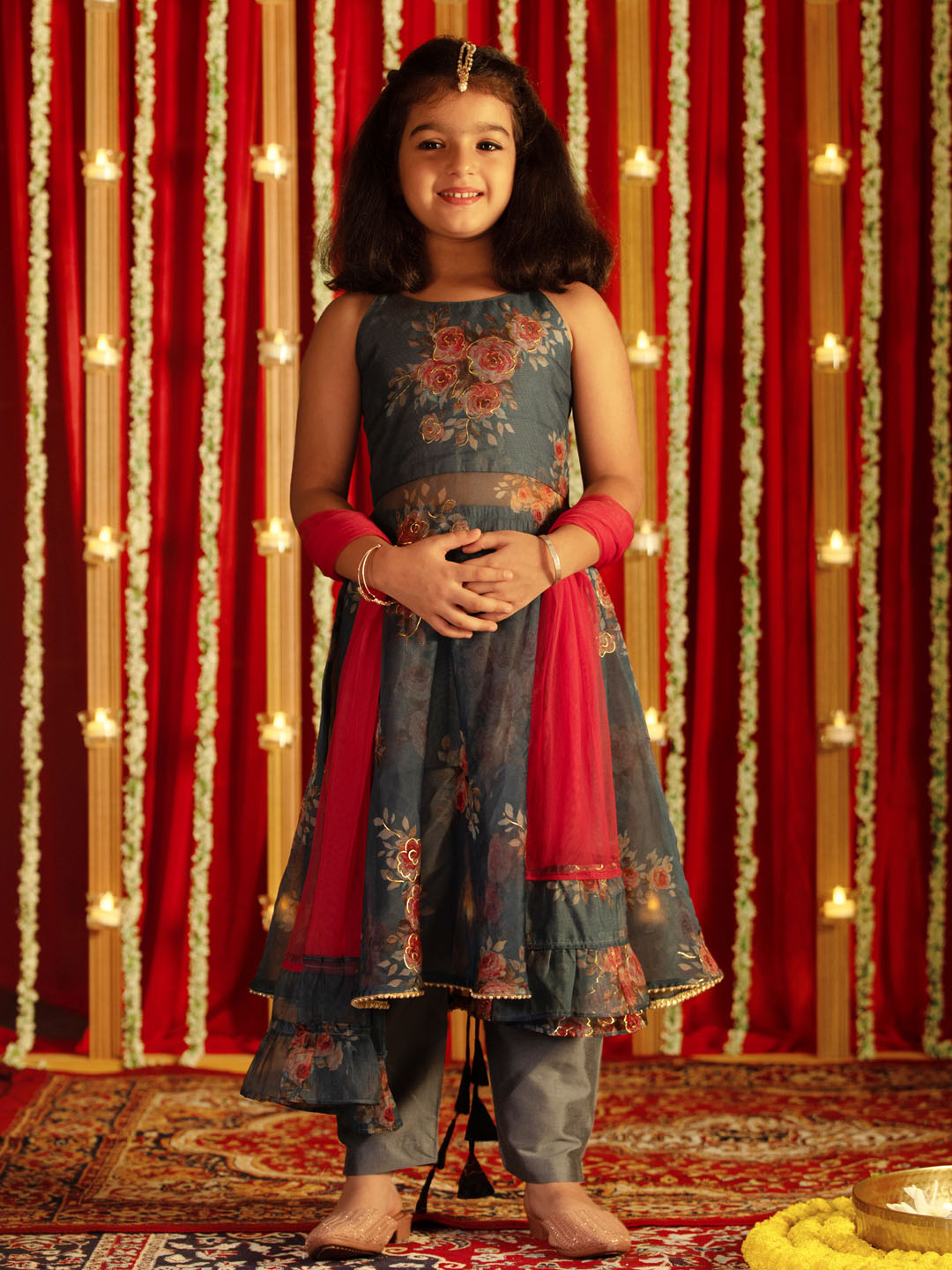 VASTRAMAY Girls' Grey Floral Printed Anarkali And Pyjama With Ruffled Dupatta Set - qivii