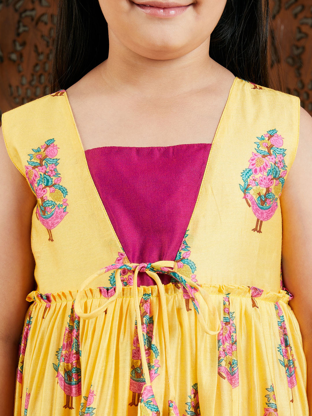 VASTRAMAY Girls' Yellow And Pink Ethnic Kurta Pant Set - qivii