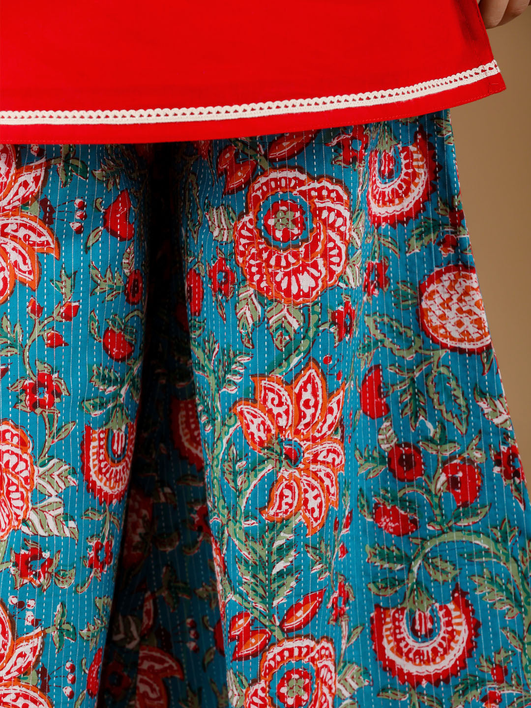 VASTRAMAY Girls Red kurta and Palazzo Pant Dupatta Set - qivii