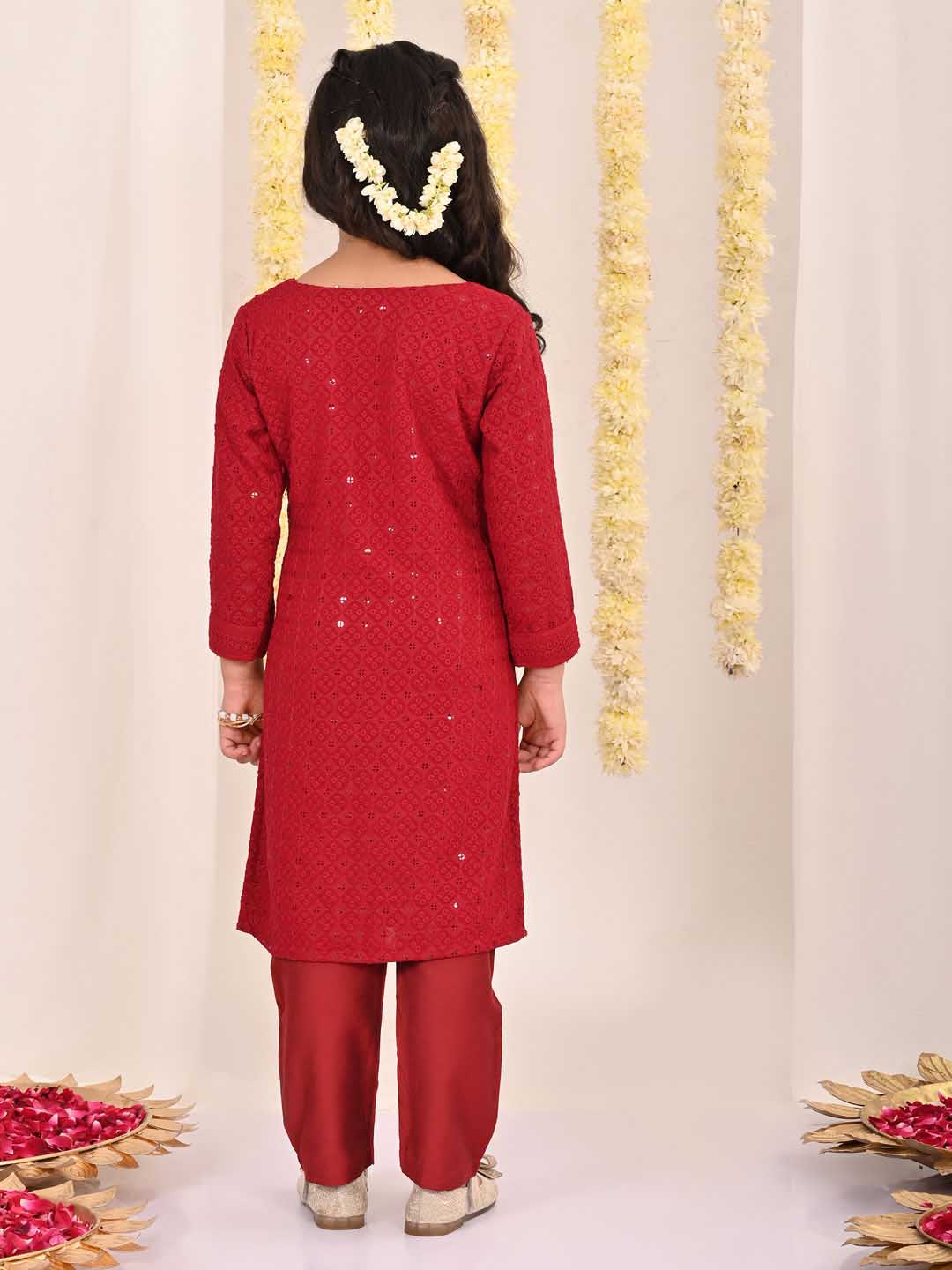 VASTRAMAY Girls' Maroon Embellished Kurta Pyjama Set - qivii