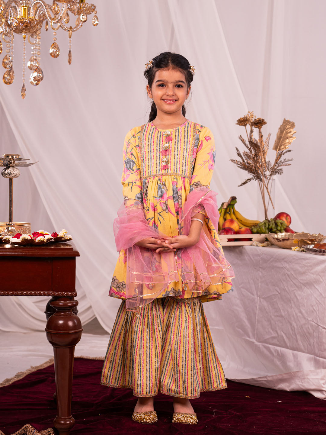 VASTRAMAY Girls' Yellow Kurta And Sharara Set - qivii
