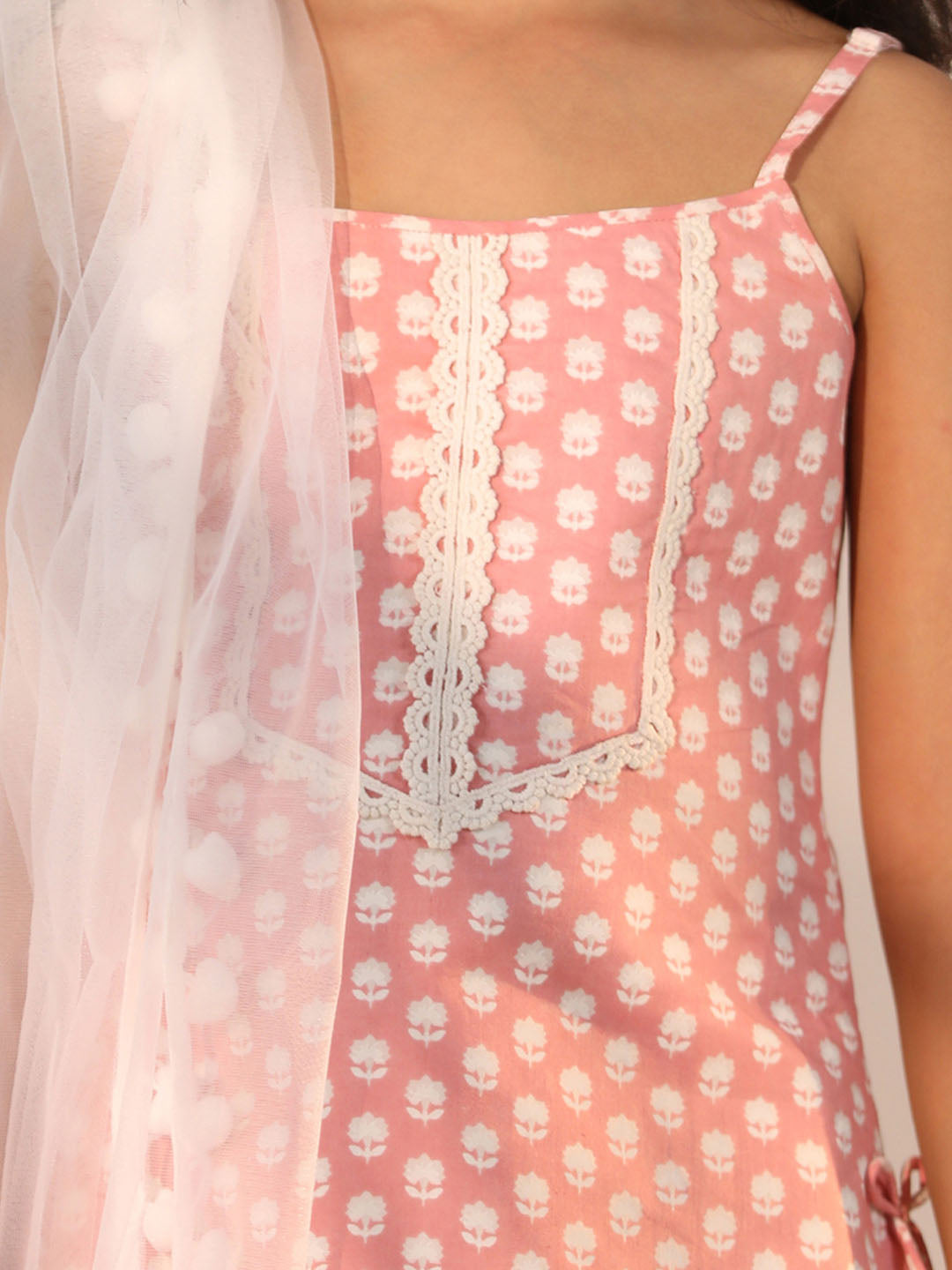 VASTRAMAY Girls' Pink and White Kurta, Sharara and Dupatta Set - qivii