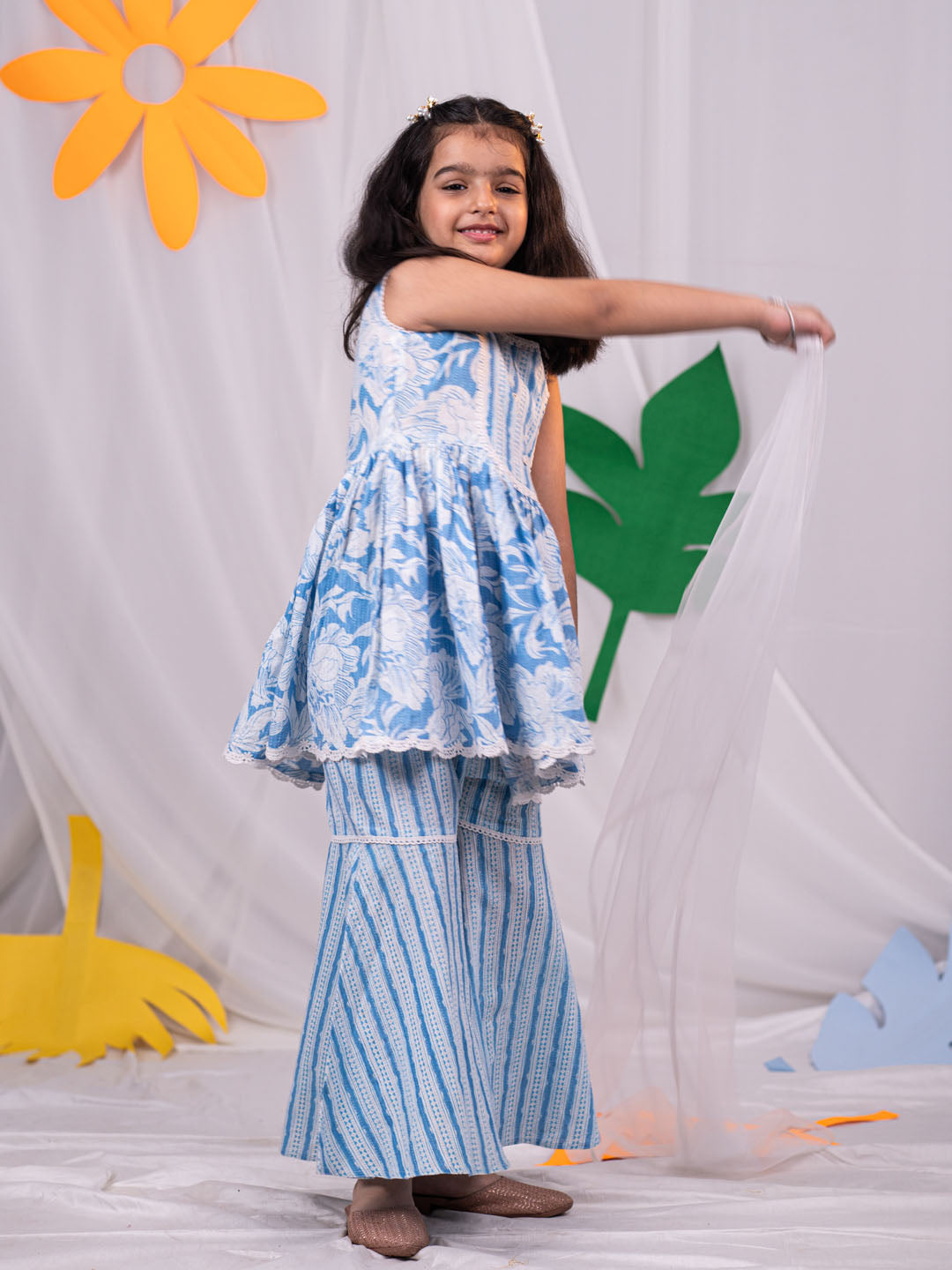 VASTRAMAY Girls' Aqua Kurta Sharara Set - qivii