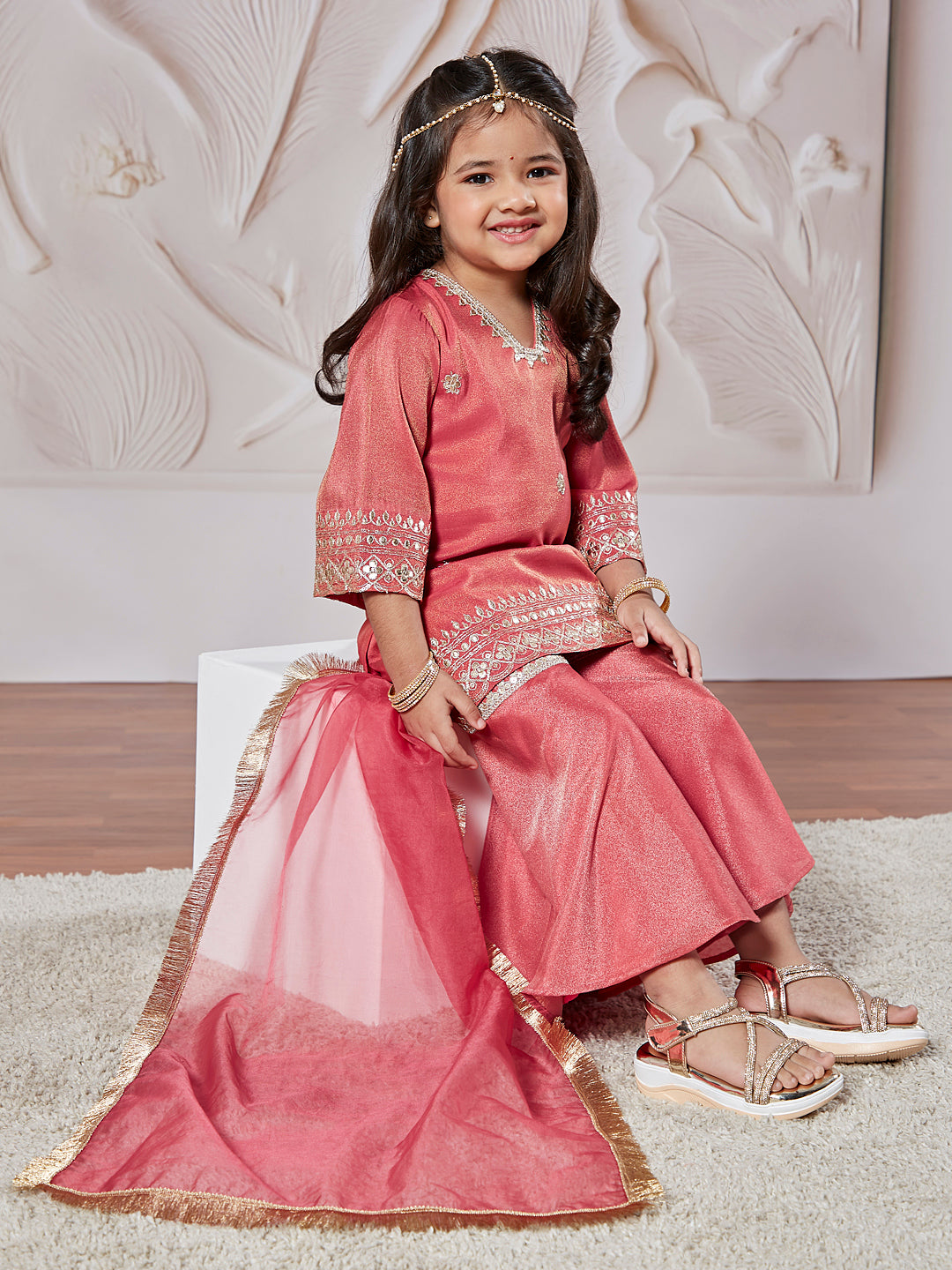 VASTRAMAY Girls' Rose Pink Kurta Sharara And Dupatta Set - qivii