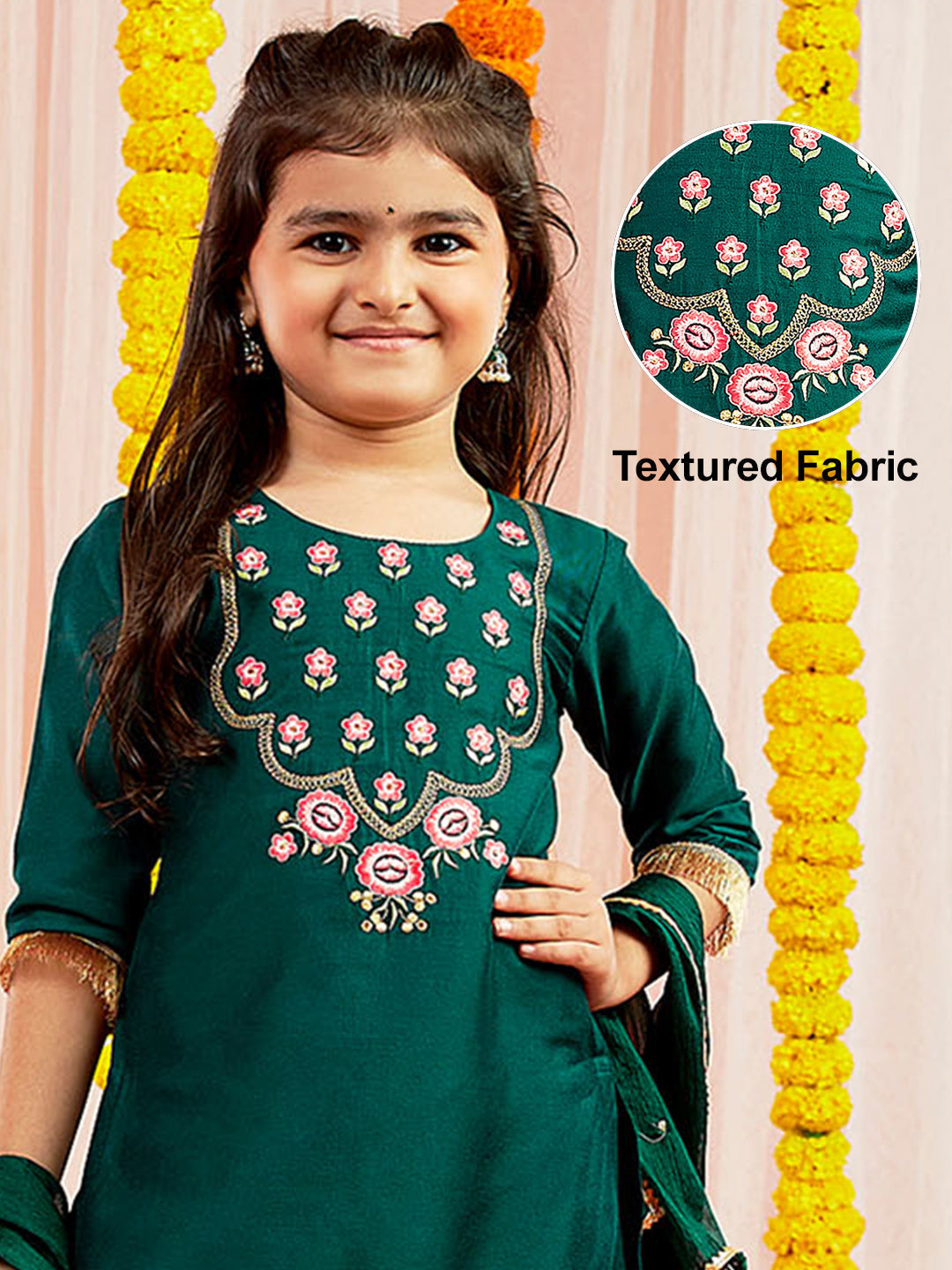 VASTRAMAY Girls' Green Kurta Pyjama And Dupatta Set. - qivii