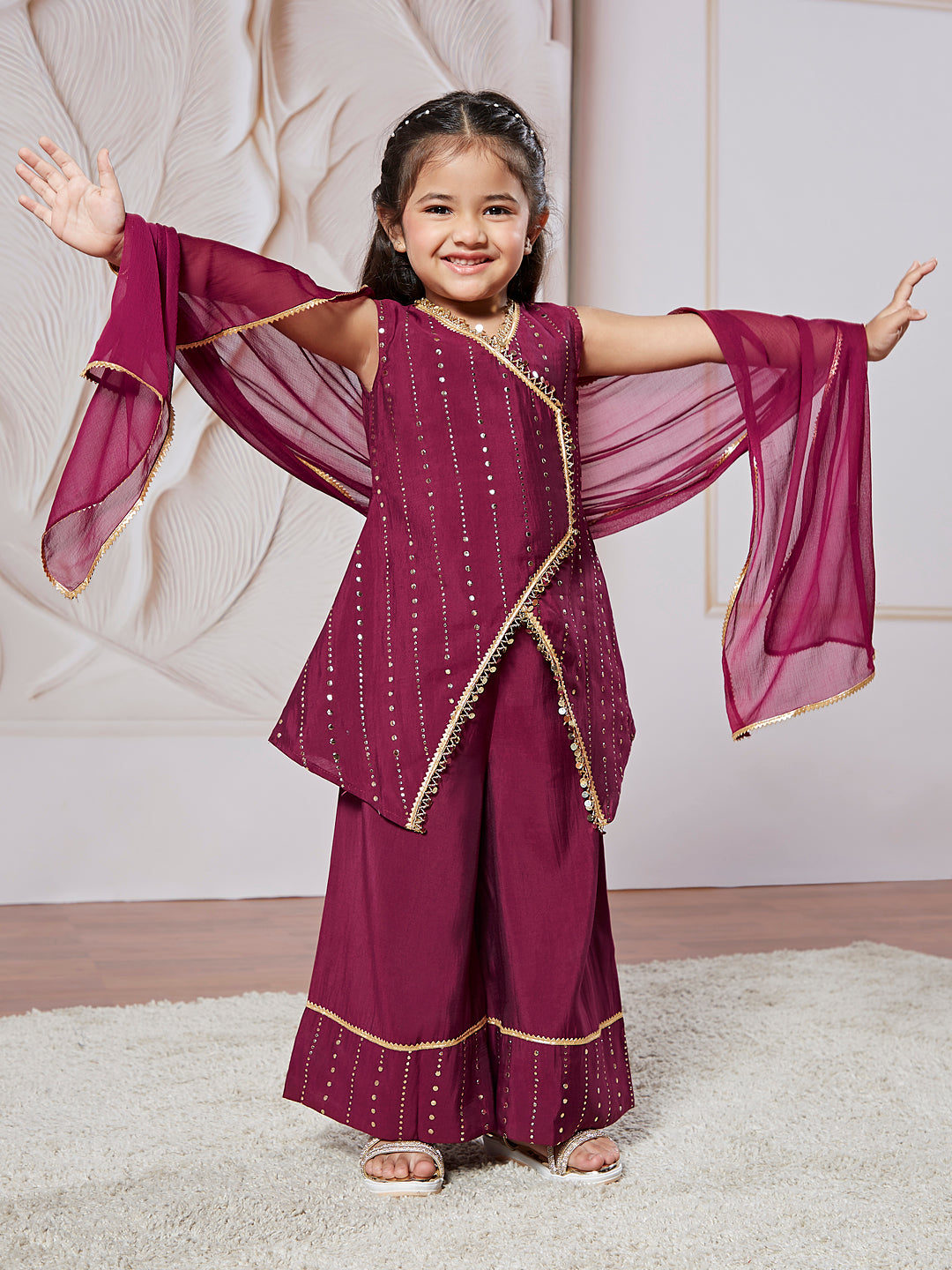 VASTRAMAY Girls' Wine Kurta Set With Dupatta - qivii