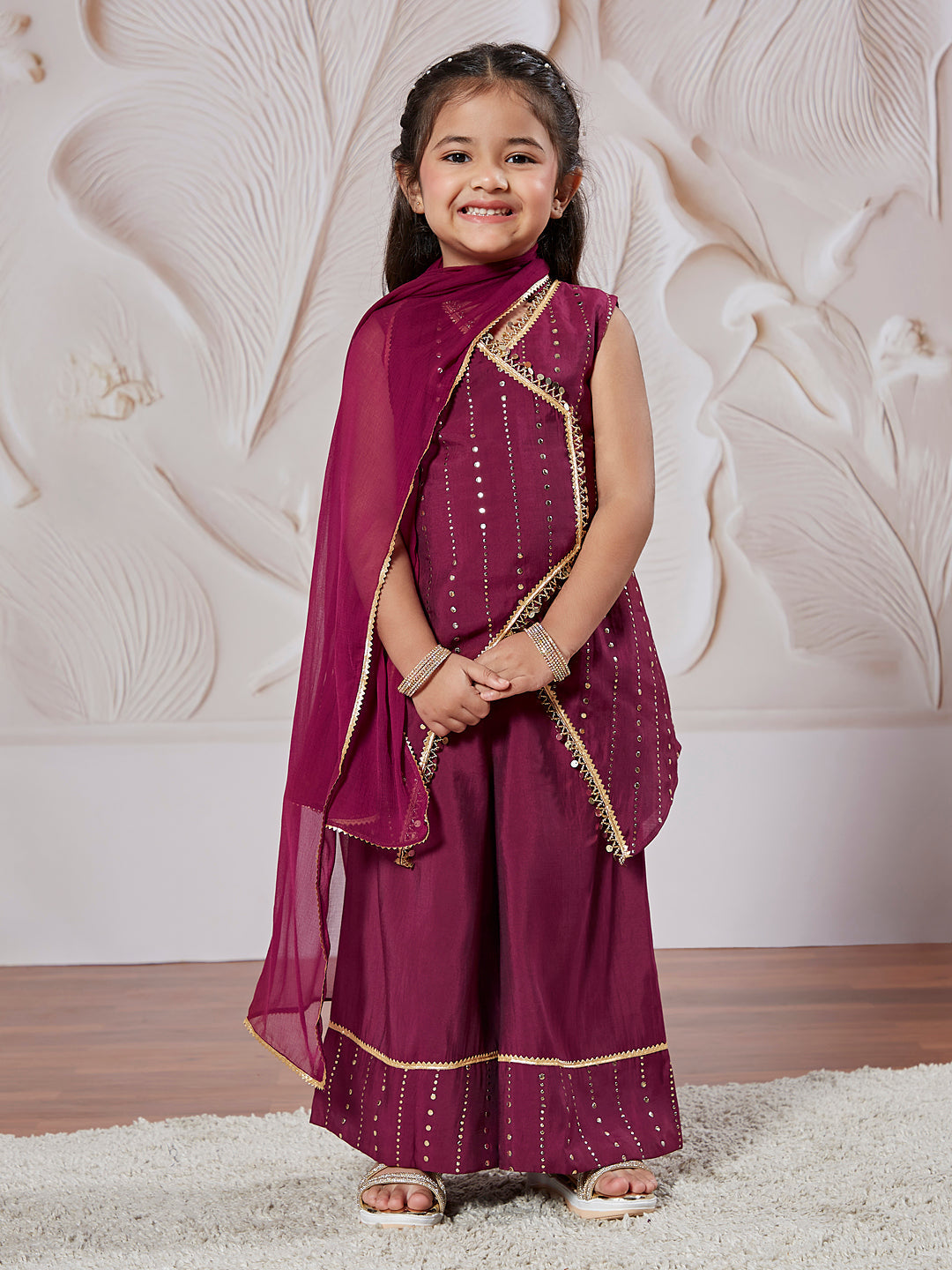 VASTRAMAY Girls' Wine Kurta Set With Dupatta - qivii